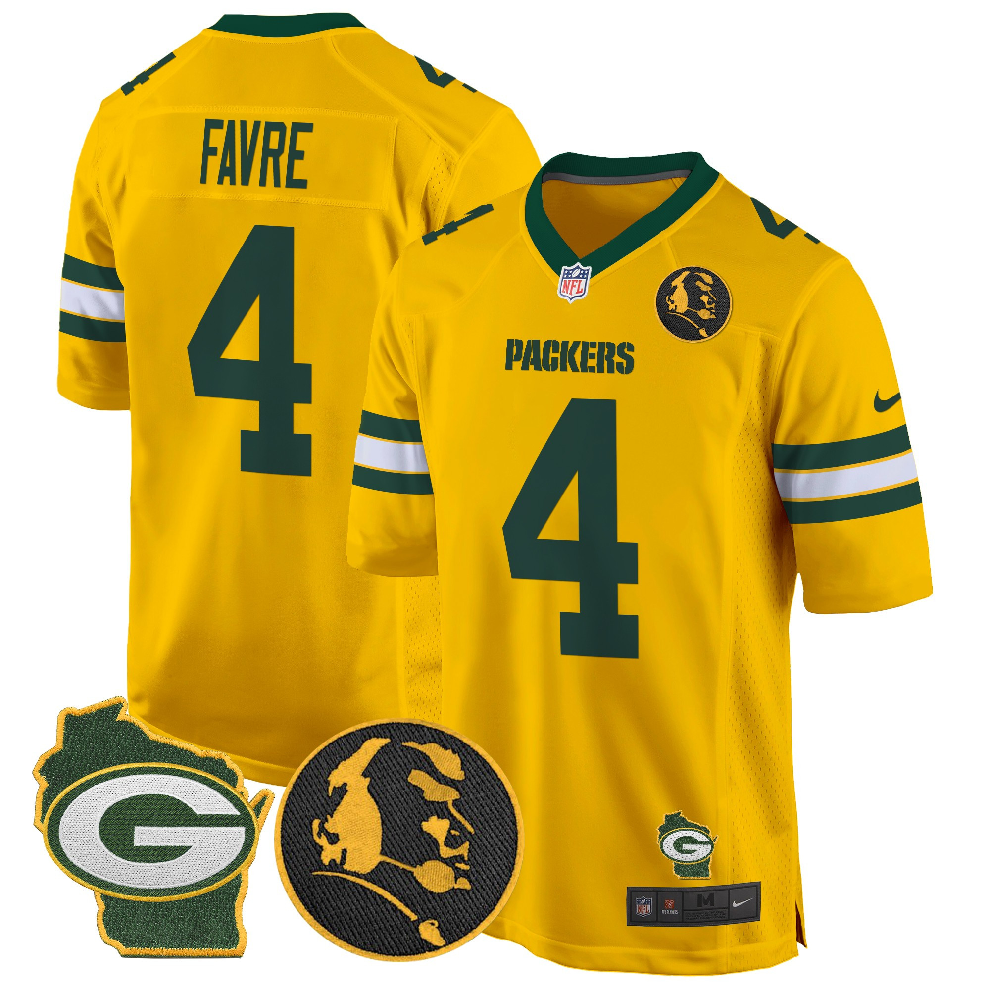 Brett Favre Men's Green Bay Packers John Madden & Home Patch Game Gold Jersey - All Stitched