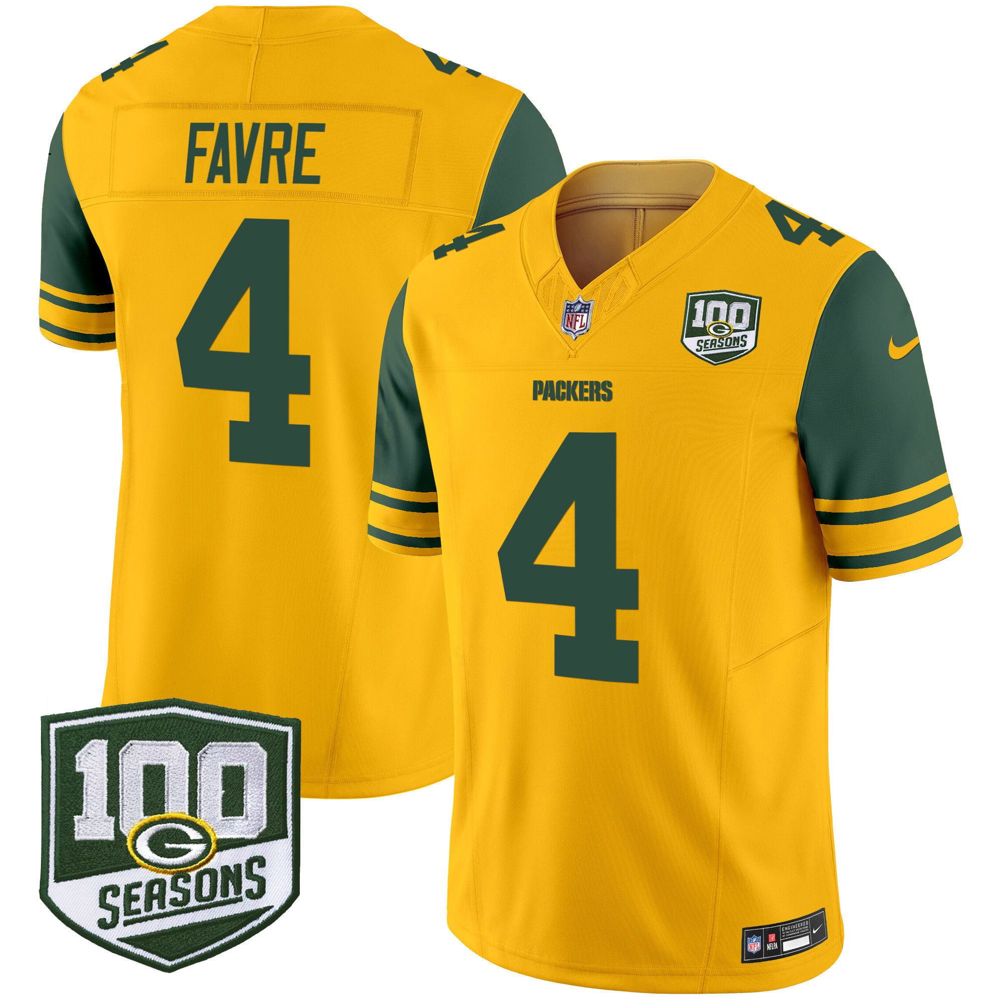 Brett Favre Men's Green Bay Packers Throwback 100th Season Patch Vapor Limited Gold Jersey - All Stitched