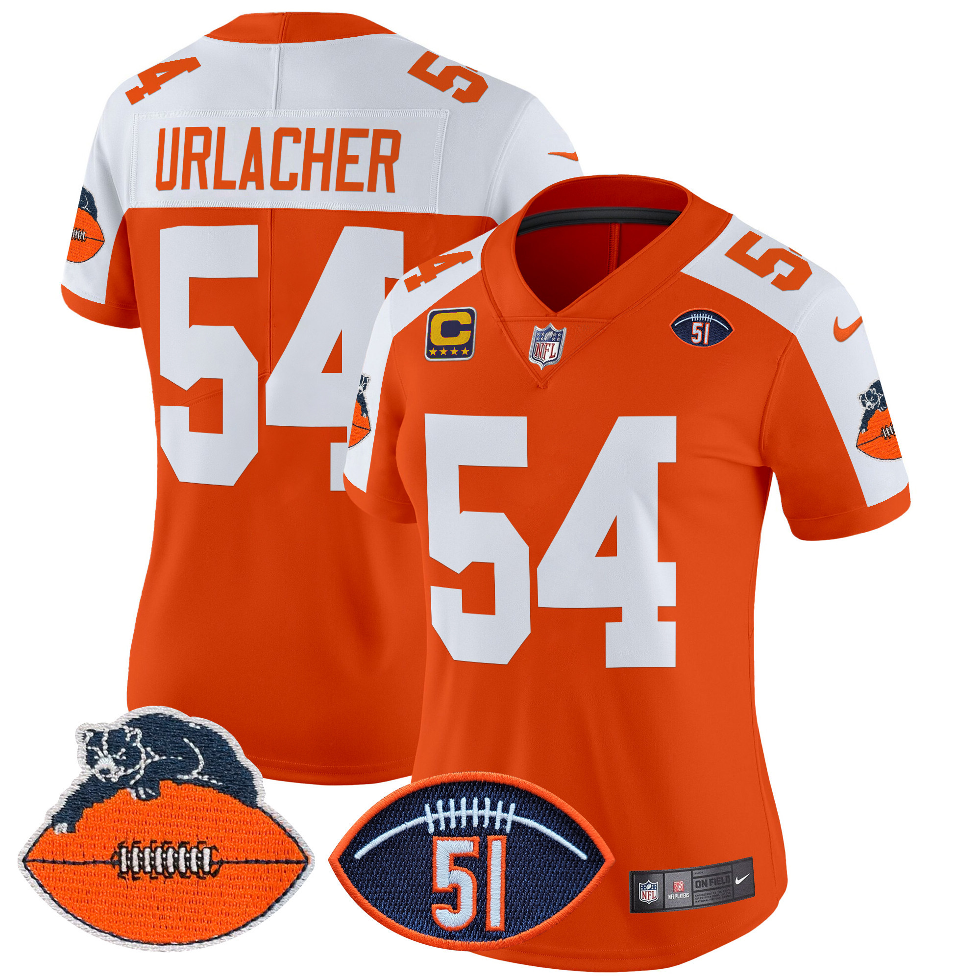Brian Urlacher Women's Chicago Bears Dick Butkus Patch Throwback Vapor Limited Orange Alternate Jersey - All Stitched