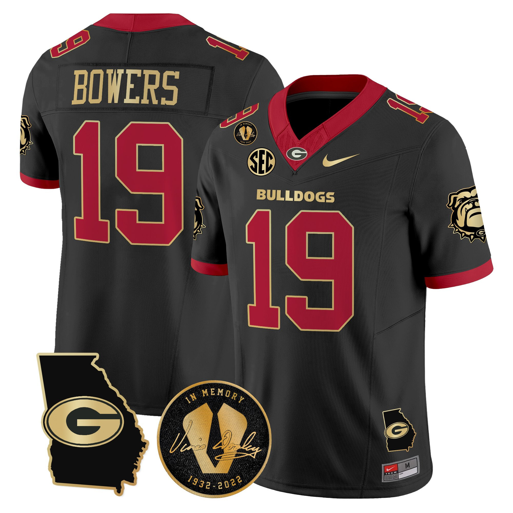 Brock Bowers Men's Georgia Bulldogs 2025 Georgia Map & Vince Dooley Patch Vapor Limited Black Gold Trim Jersey - All Stitched