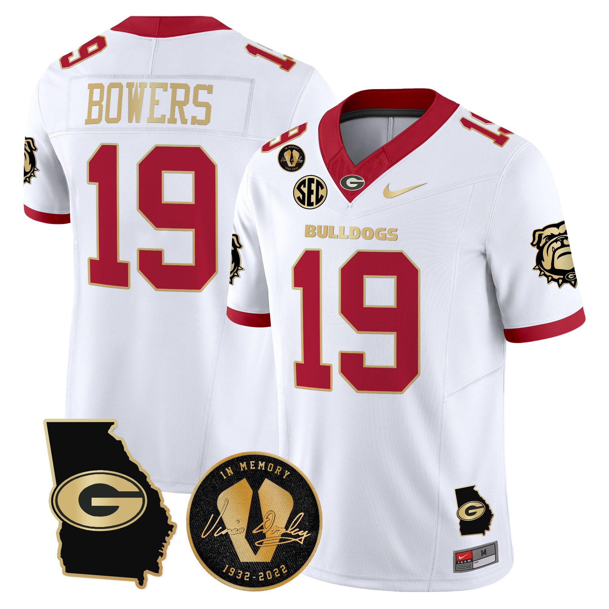 Brock Bowers Men's Georgia Bulldogs 2025 Georgia Map & Vince Dooley Patch Vapor Limited White Gold Trim Jersey - All Stitched