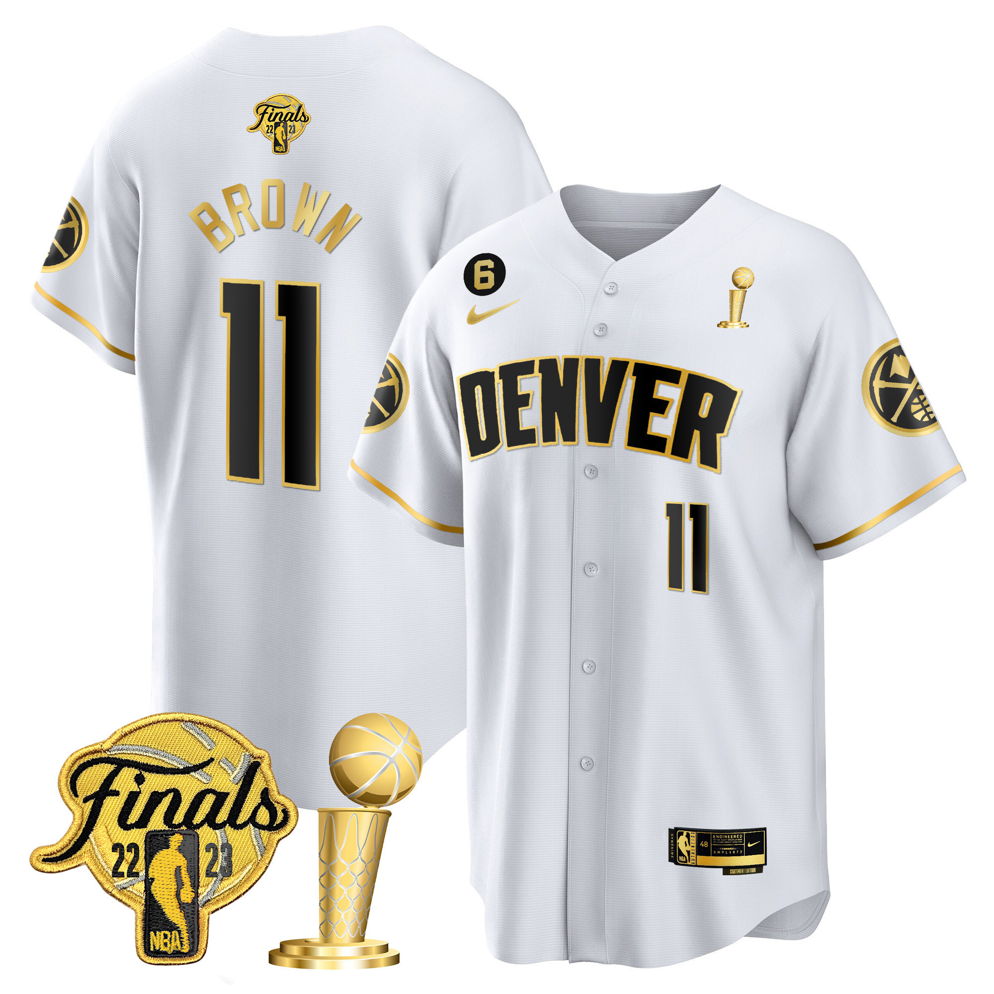 Bruce Brown Men's Denver Nuggets 2023 Finals & Champions Patch Cool Base White Gold Jersey - All Stitched
