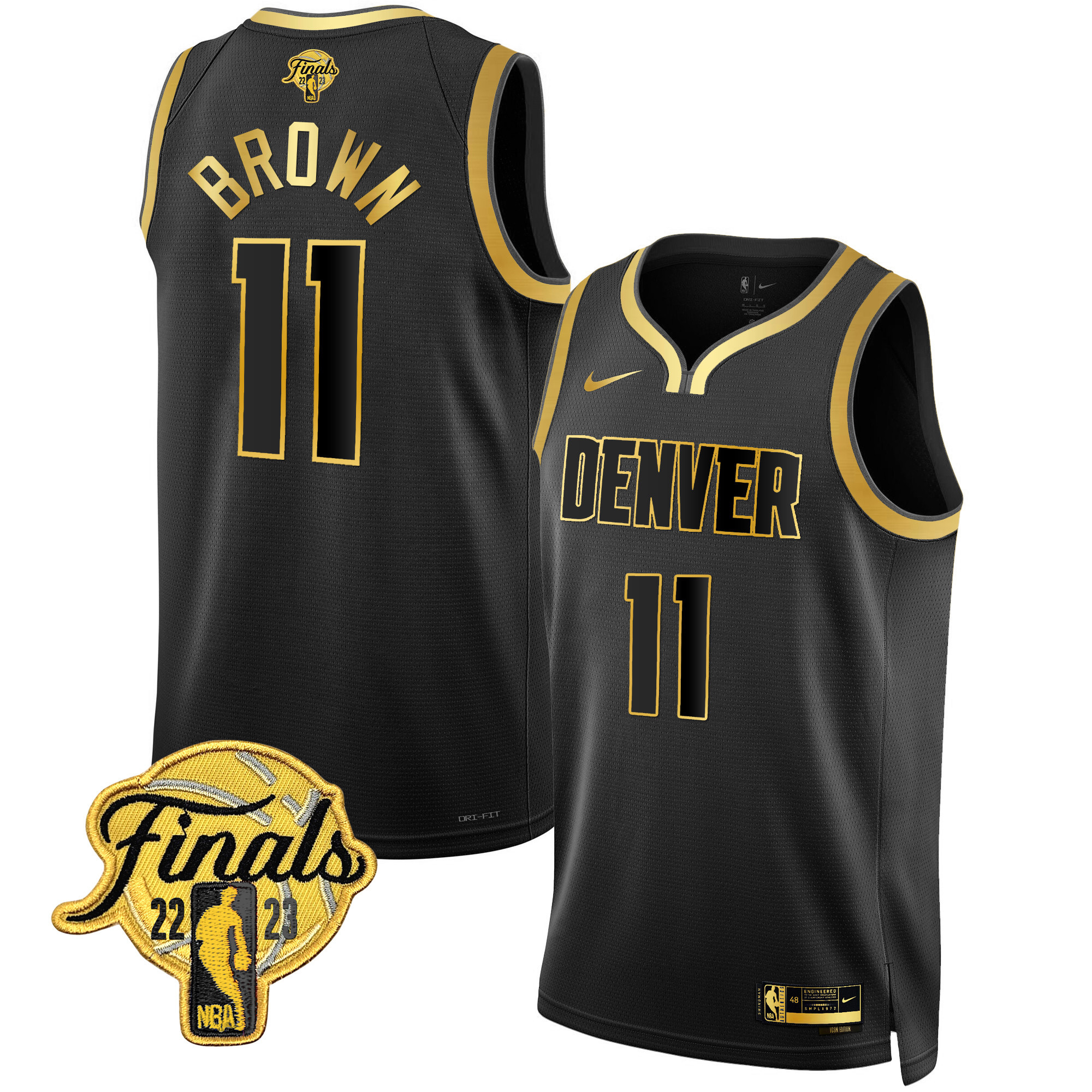 Bruce Brown Men's Denver Nuggets 2023 Finals Patch Collection Black Gold Jersey V2 - All Stitched