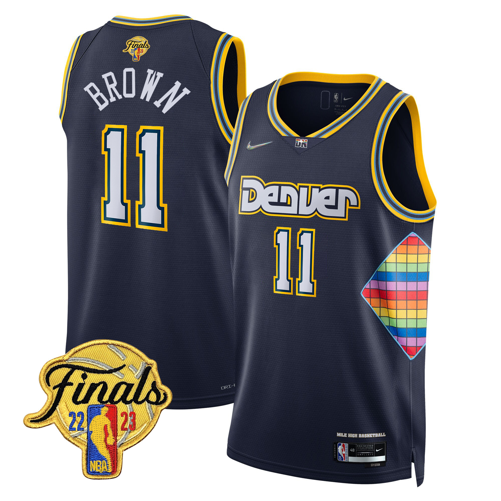 Bruce Brown Men's Denver Nuggets 2023 Finals Patch Collection City Navy Jersey V2 - All Stitched