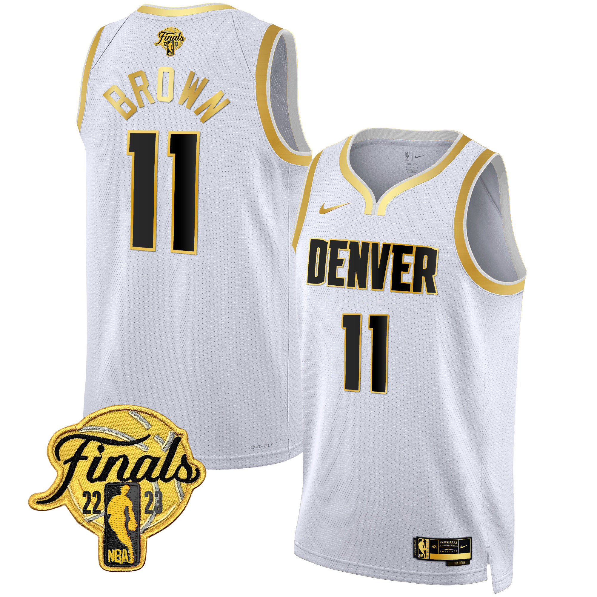 Bruce Brown Men's Denver Nuggets 2023 Finals Patch Collection White Gold Jersey V2 - All Stitched