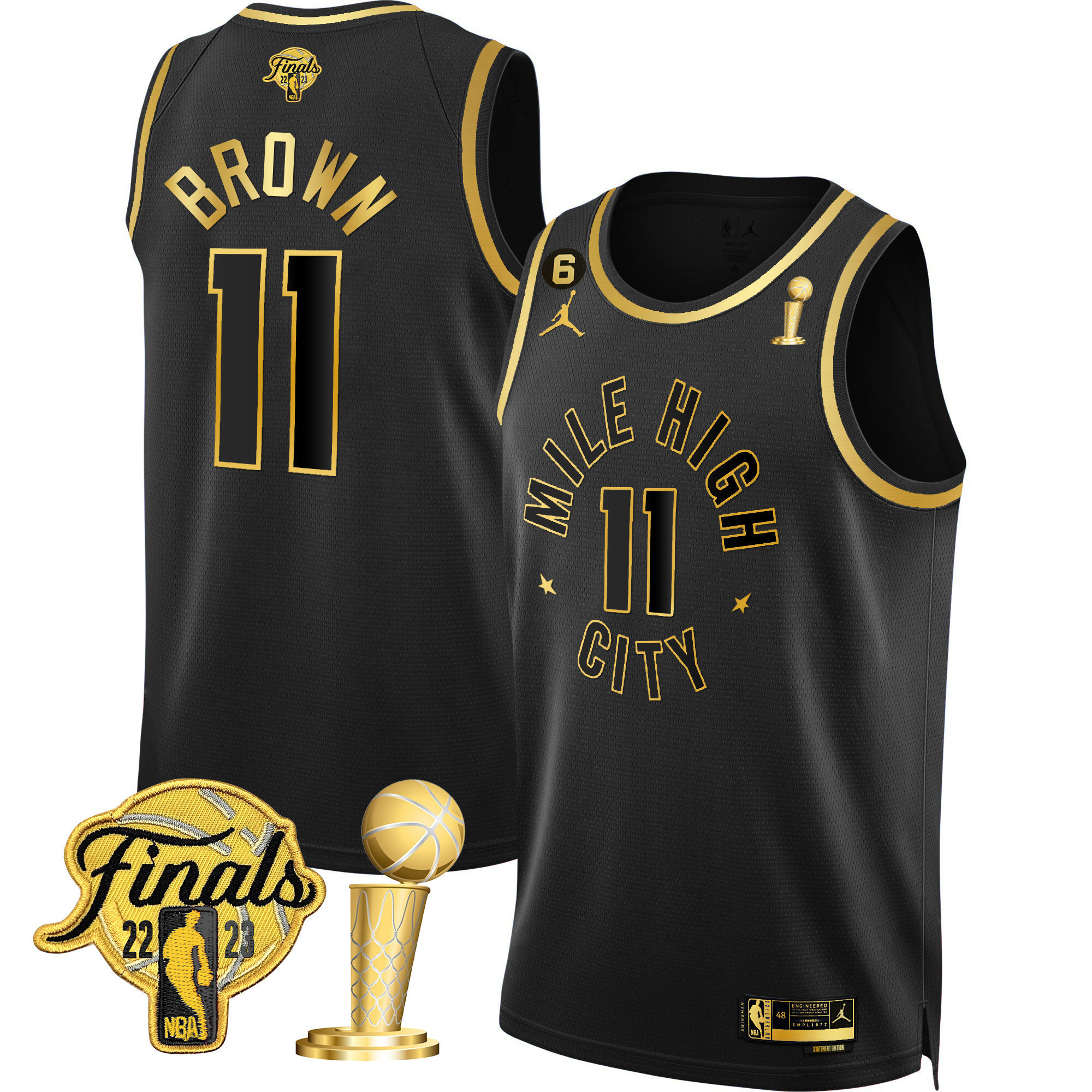 Bruce Brown Youth's Denver Nuggets 2023 Finals & Champions Patch Gold Statement Black Jersey - All Stitched