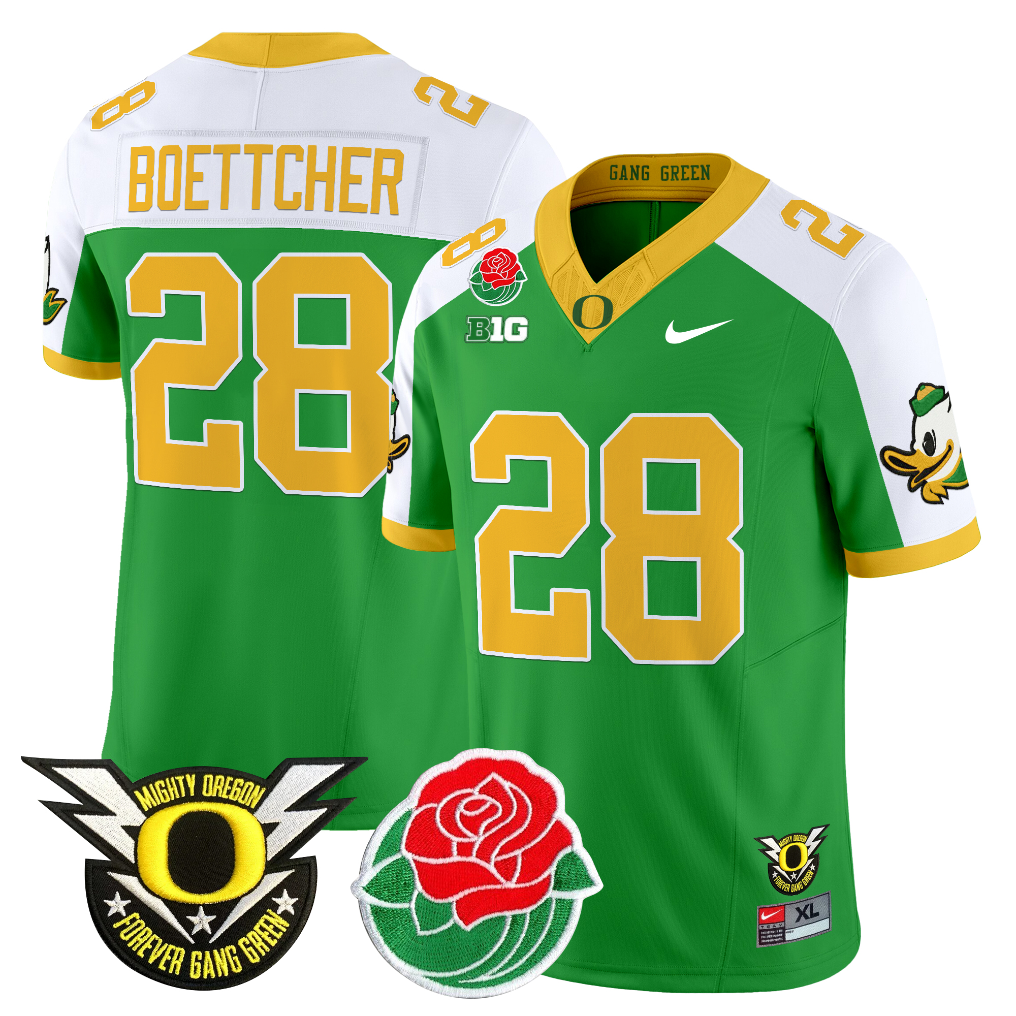 Bryce Boettcher Men's Oregon Ducks 2025 Rose Bowl Game & BIG Patch Vapor Limited Green Alternate Jersey - All Stitched