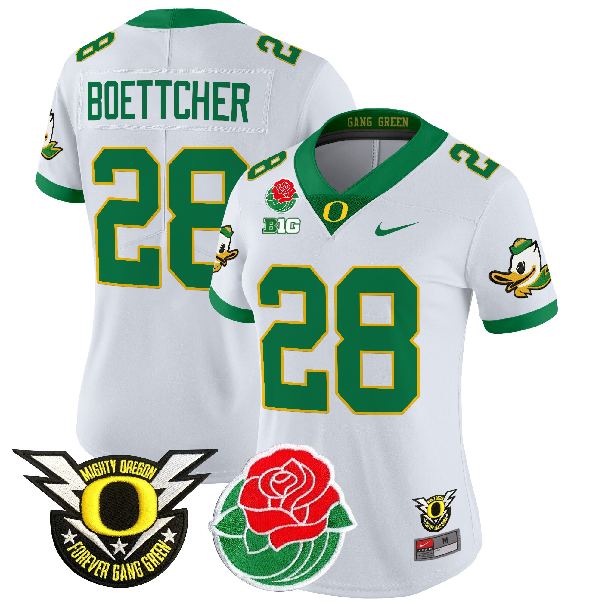 Bryce Boettcher Women's Oregon Ducks 2025 Rose Bowl Game & BIG Patch Vapor Limited White Jersey - All Stitched