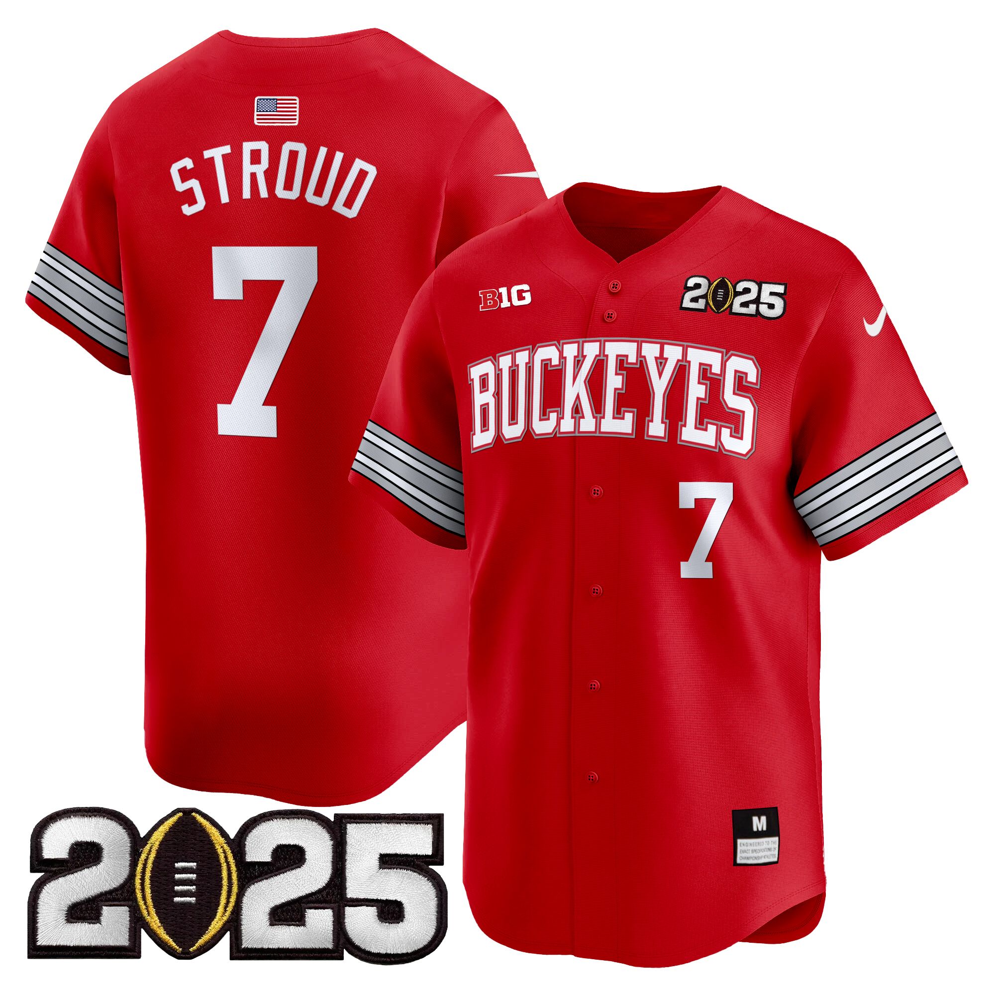 C J Stroud Men's Ohio State Buckeyes Heritage Stripe 2025 CFP Final Patch Vapor Baseball Red Jersey - All Stitched