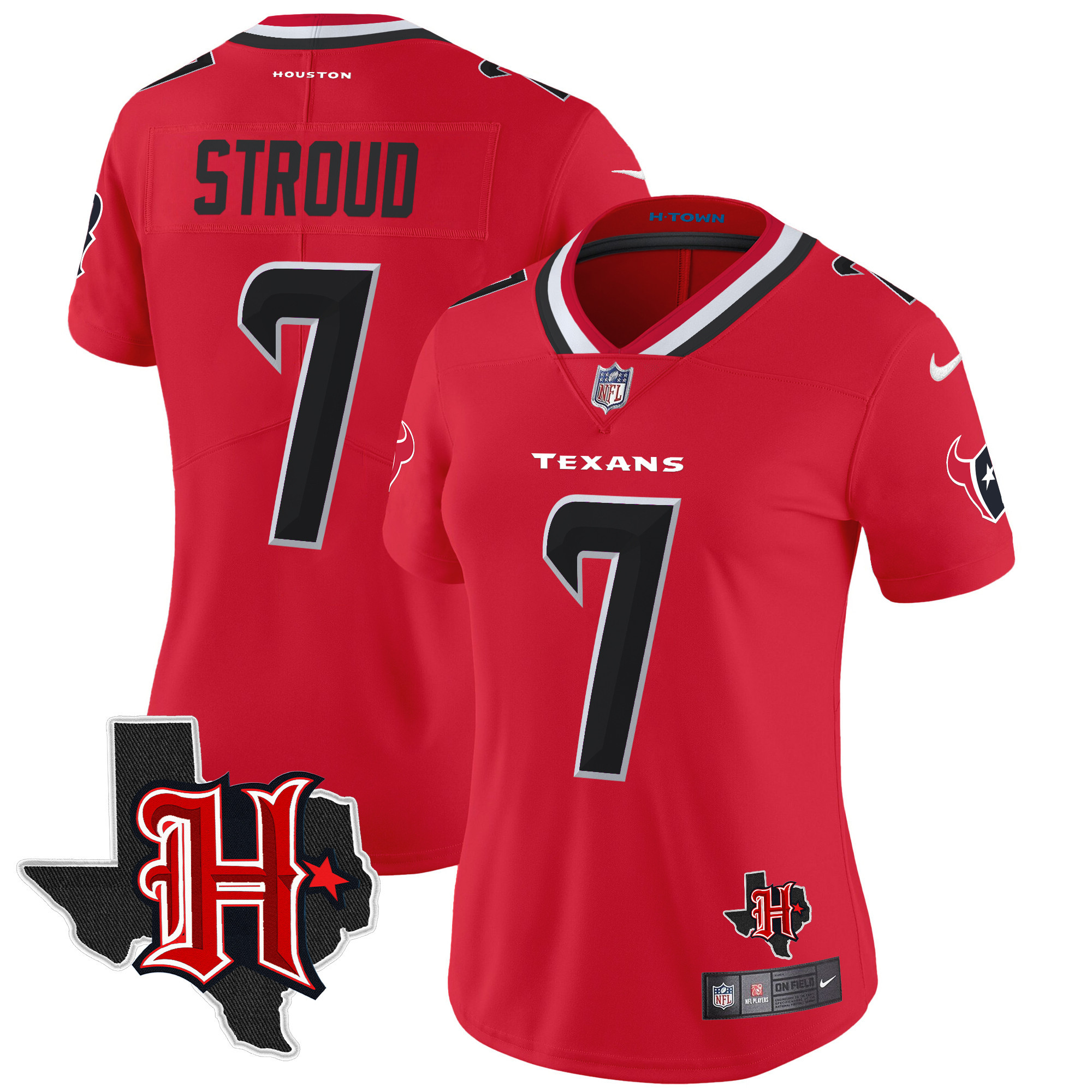 C.J. Stroud Women's Houston Texans 2024 Texas Patch Vapor Limited Red Jersey V5 - All Stitched