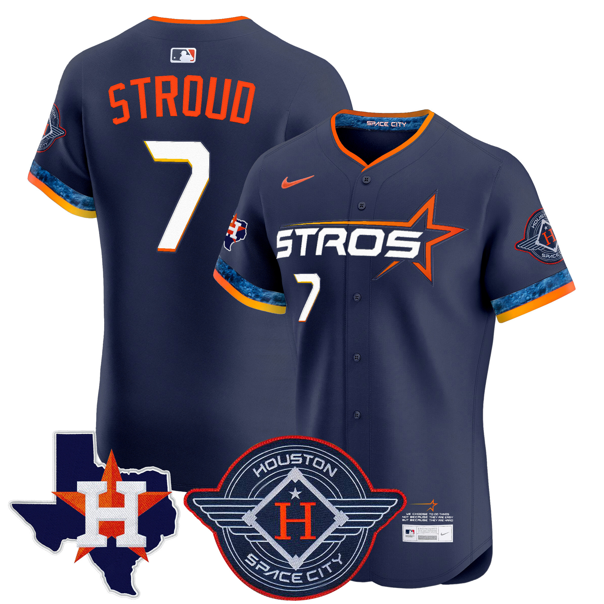 CJ Stroud Men's Houston Astros 2025 City Connect Texas Patch Vapor Premier Elite Navy Jersey - All Stitched
