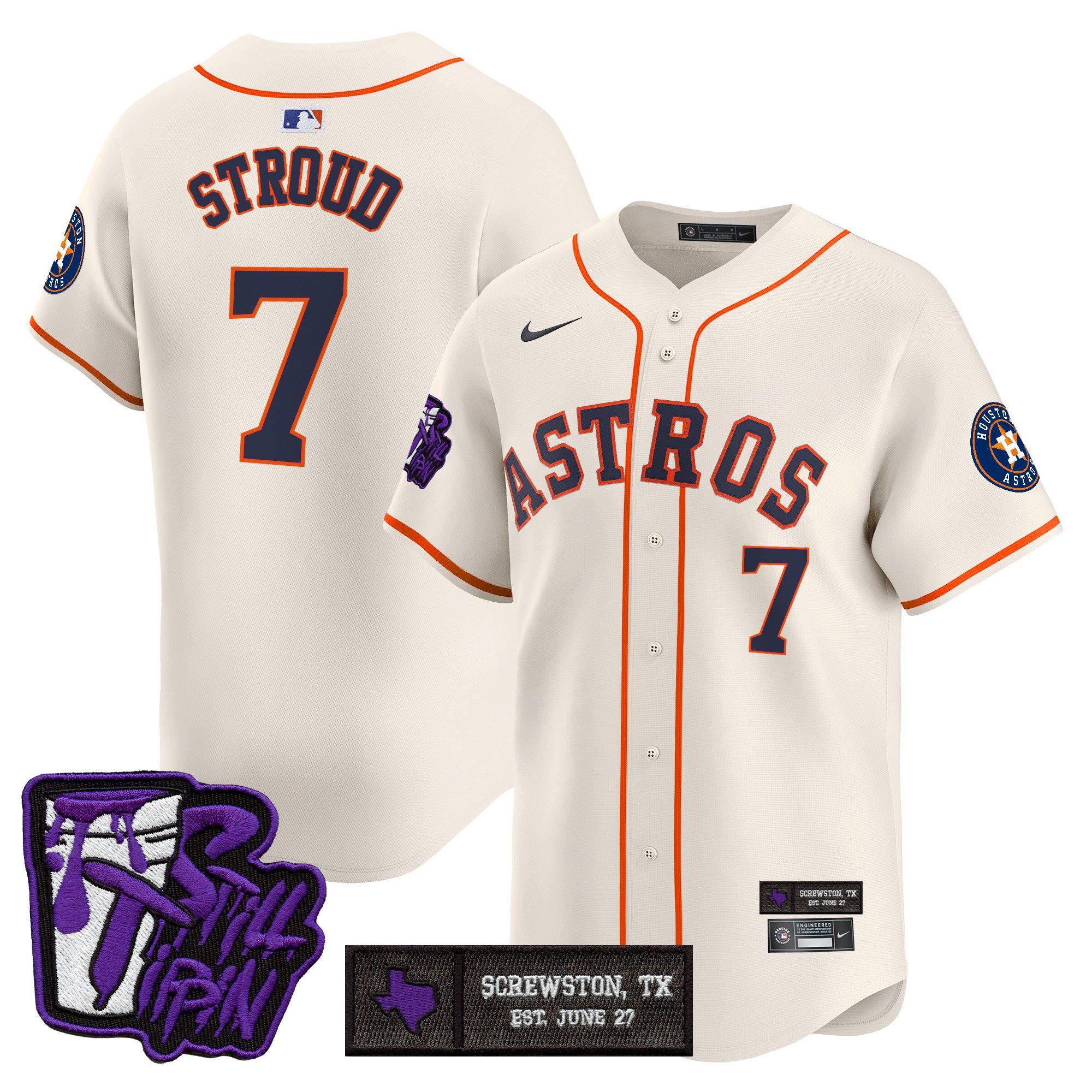 CJ Stroud Men's Houston Astros DJ Screw Still Tippin Purple Patch Vapor Premier Limited Cream Jersey - Stitched