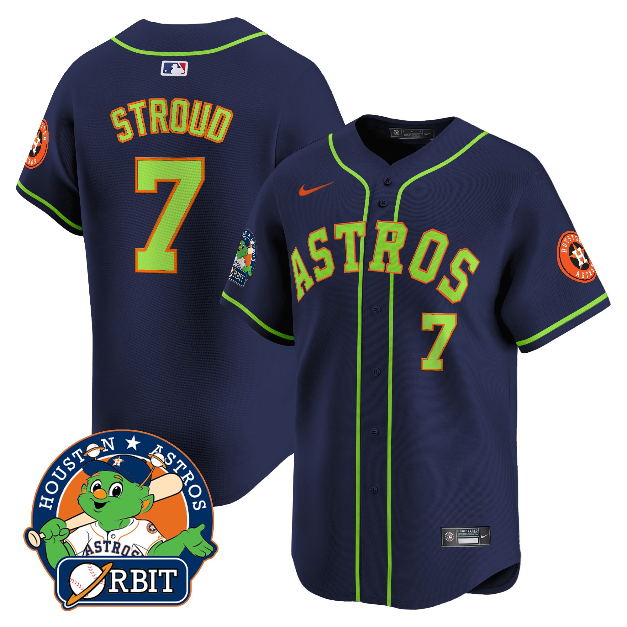 CJ Stroud Men's Houston Astros Orbit Patch Vapor Premier Limited Navy Jersey V2 - All Stitched