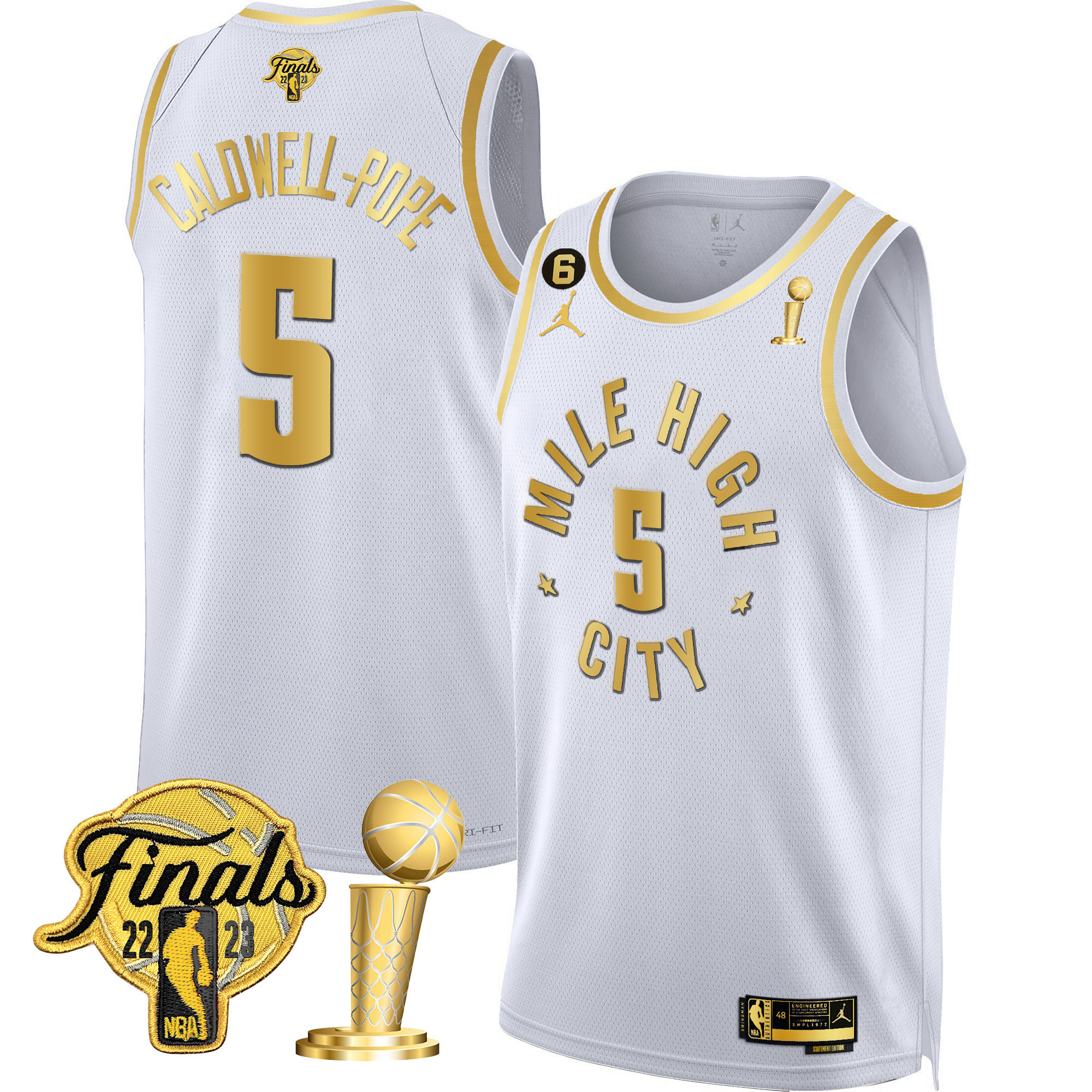 Caldwell-Pope Men's Denver Nuggets 2023 Finals & Champions Black & White Gold Statement White Jersey - All Stitched