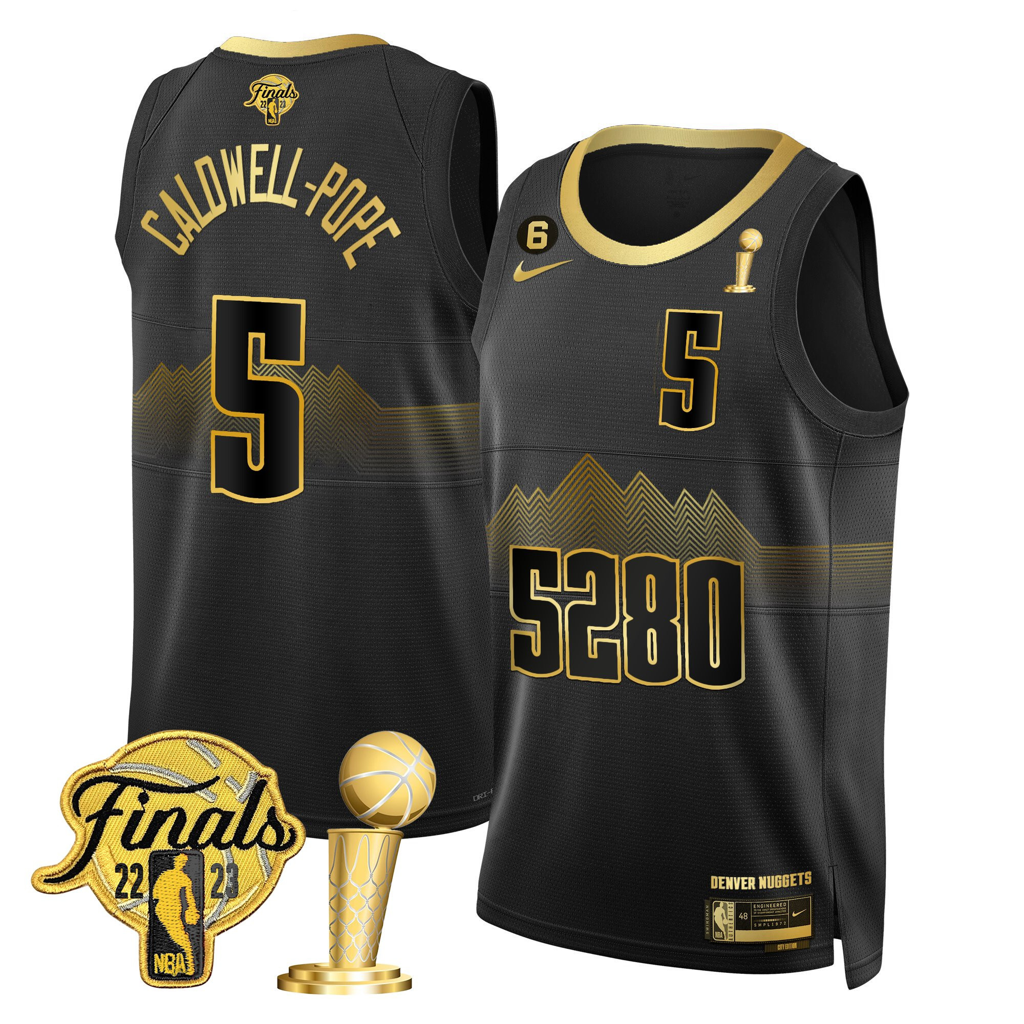 Caldwell-Pope Men's Denver Nuggets 2023 Finals & Champions Patch Black Gold Jersey V2- All Stitched