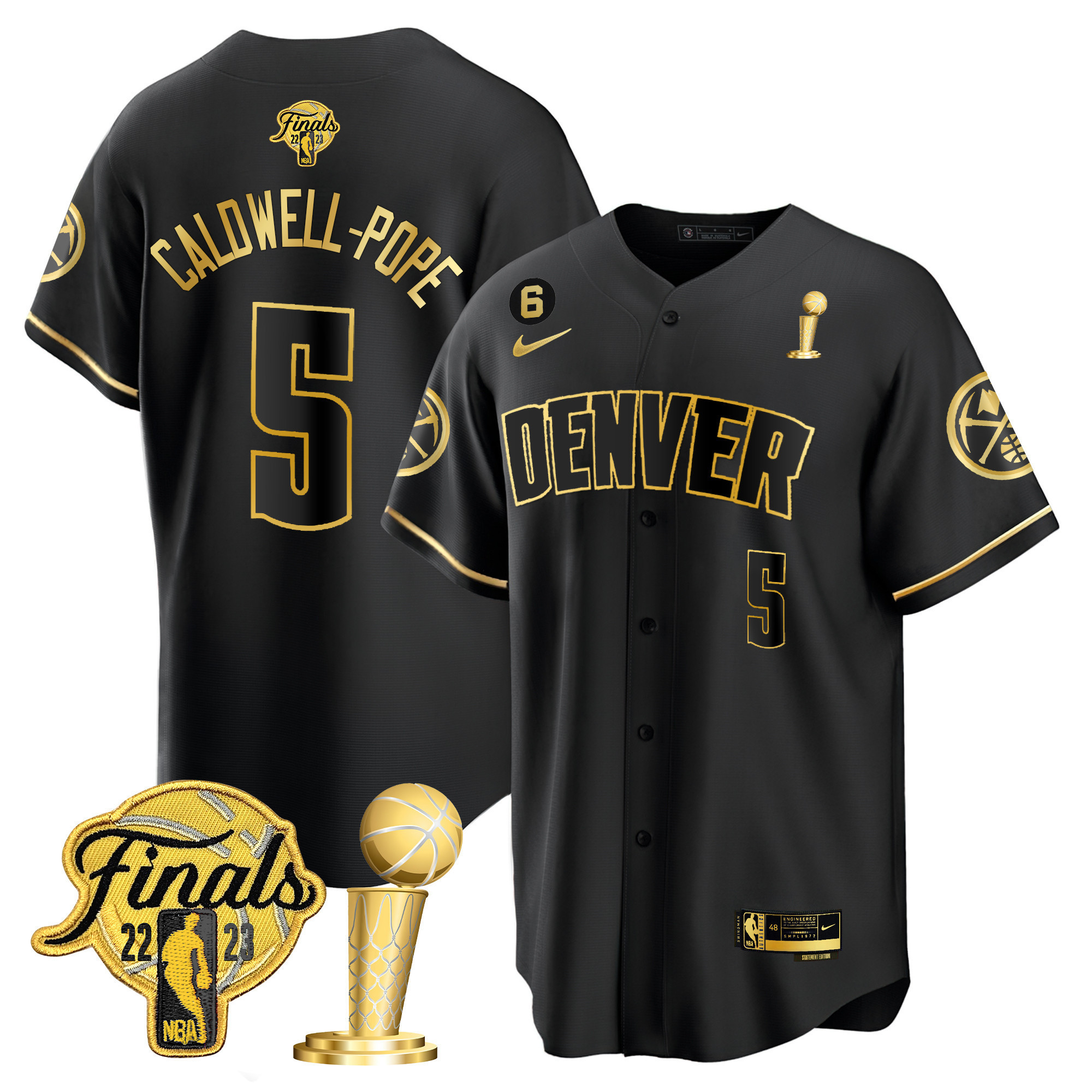 Caldwell-Pope Men's Denver Nuggets 2023 Finals & Champions Patch Cool Base Black Gold Jersey - All Stitched