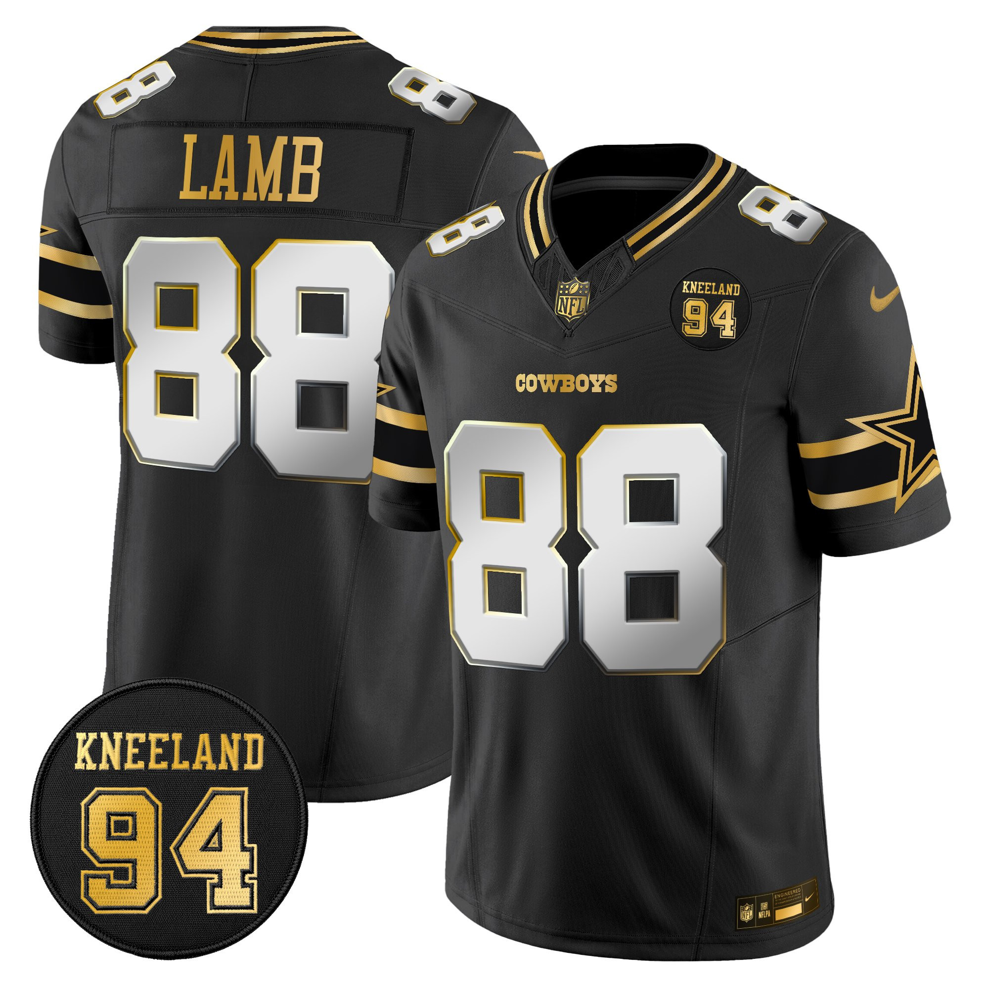 CeeDee Lamb Men's Dallas Cowboys #94 Marshawn Kneeland Memorial Patch Gold Vapor Limited Black Limited Jersey - All Stitched