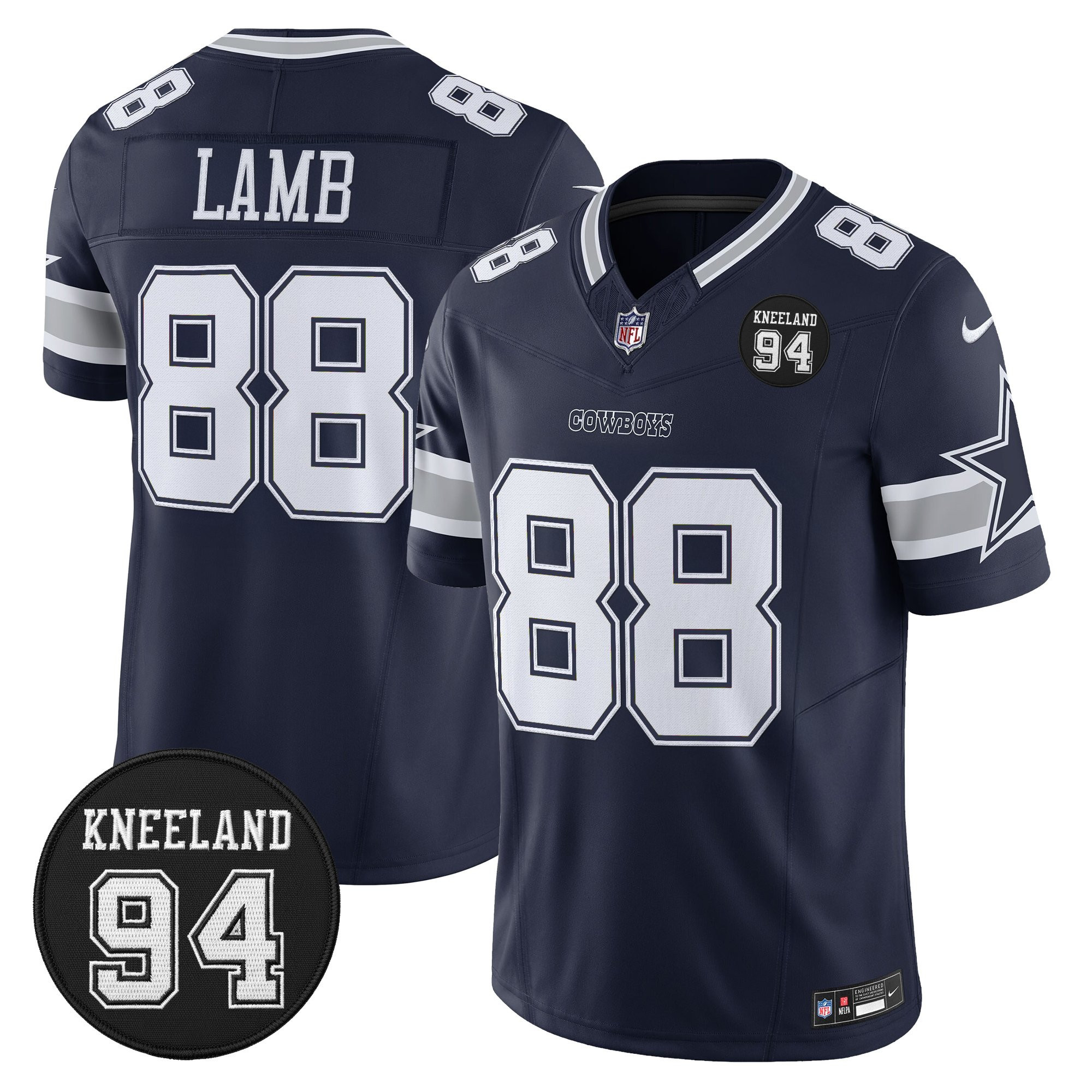 CeeDee Lamb Men's Dallas Cowboys #94 Marshawn Kneeland Memorial Patch Vapor Limited Navy Jersey - All Stitched