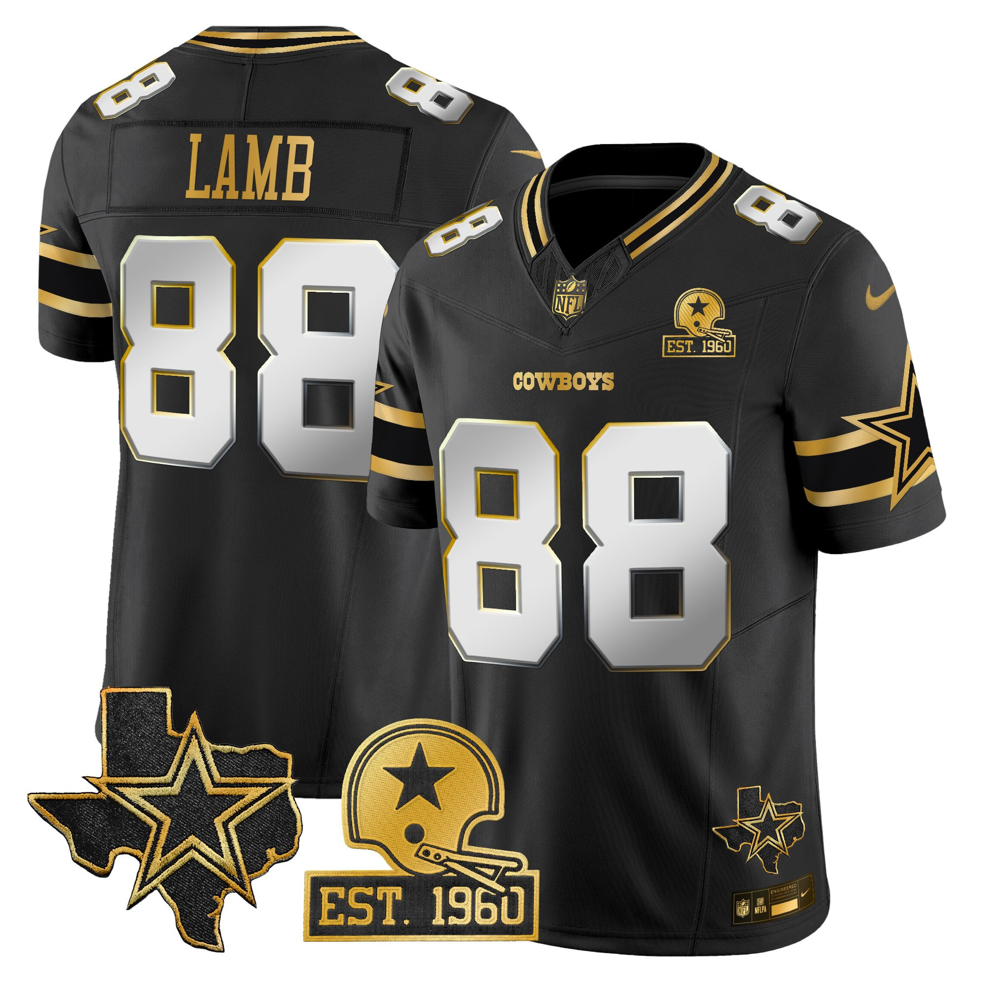 CeeDee Lamb Men's Dallas Cowboys Est. 1960 & Texas Patch Gold Vapor Limited Black Limited Jersey - All Stitched