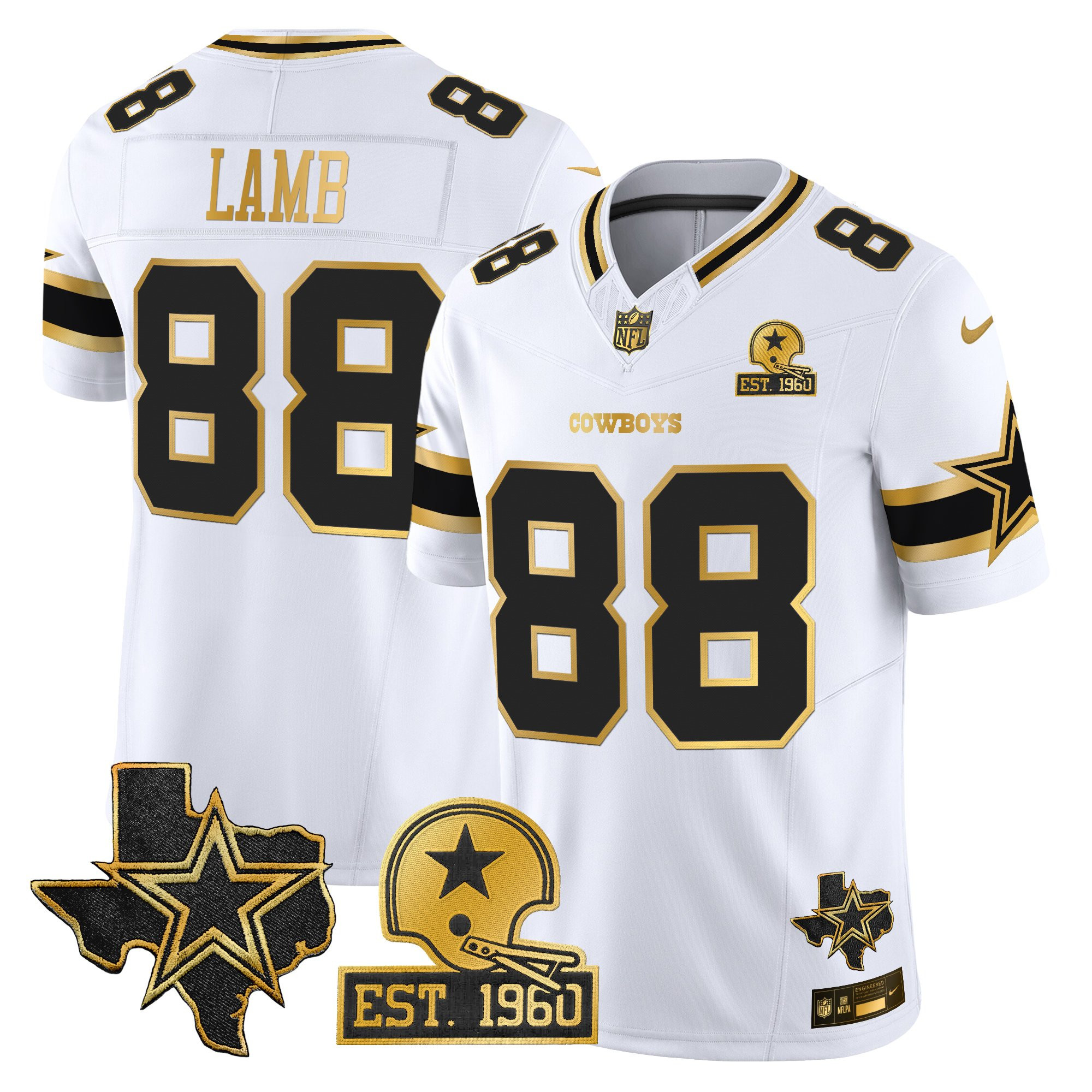 CeeDee Lamb Men's Dallas Cowboys Est. 1960 & Texas Patch Gold Vapor Limited White Gold Jersey - All Stitched