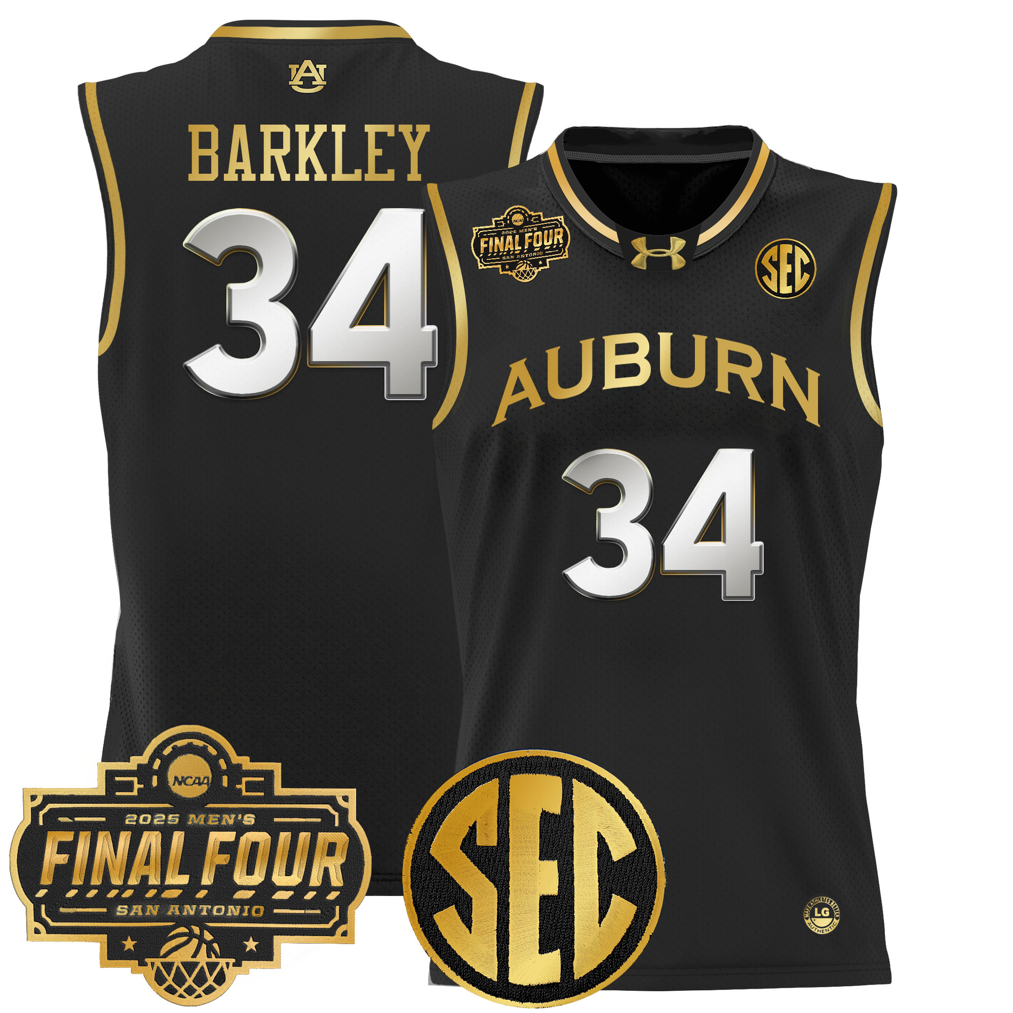 Charles Barkley Men's Auburn Tigers 2025 Final Four Patch Lightweight Basketball Black Gold Jersey - All Stitched