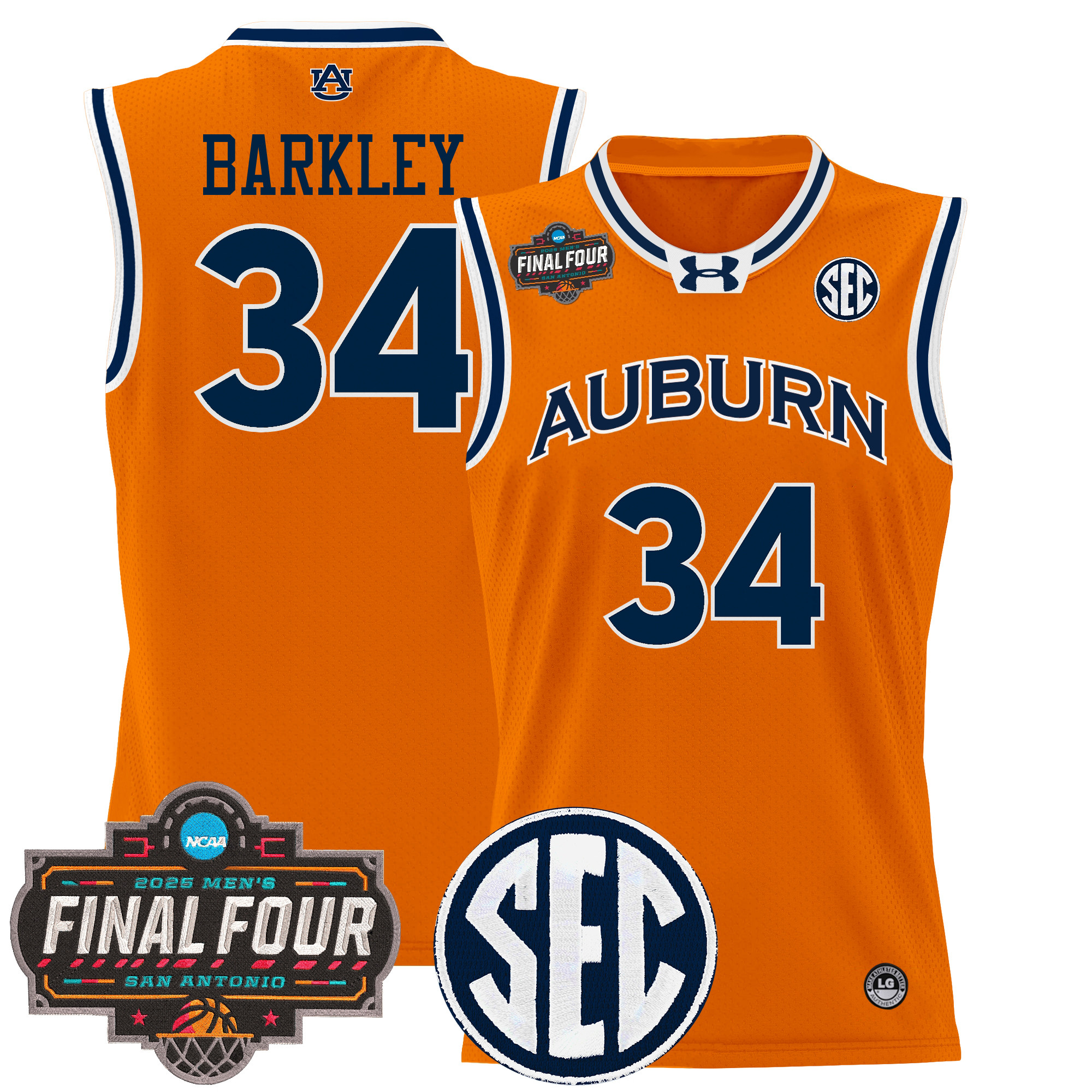 Charles Barkley Men's Auburn Tigers 2025 Final Four Patch Lightweight Basketball Orange Jersey - All Stitched