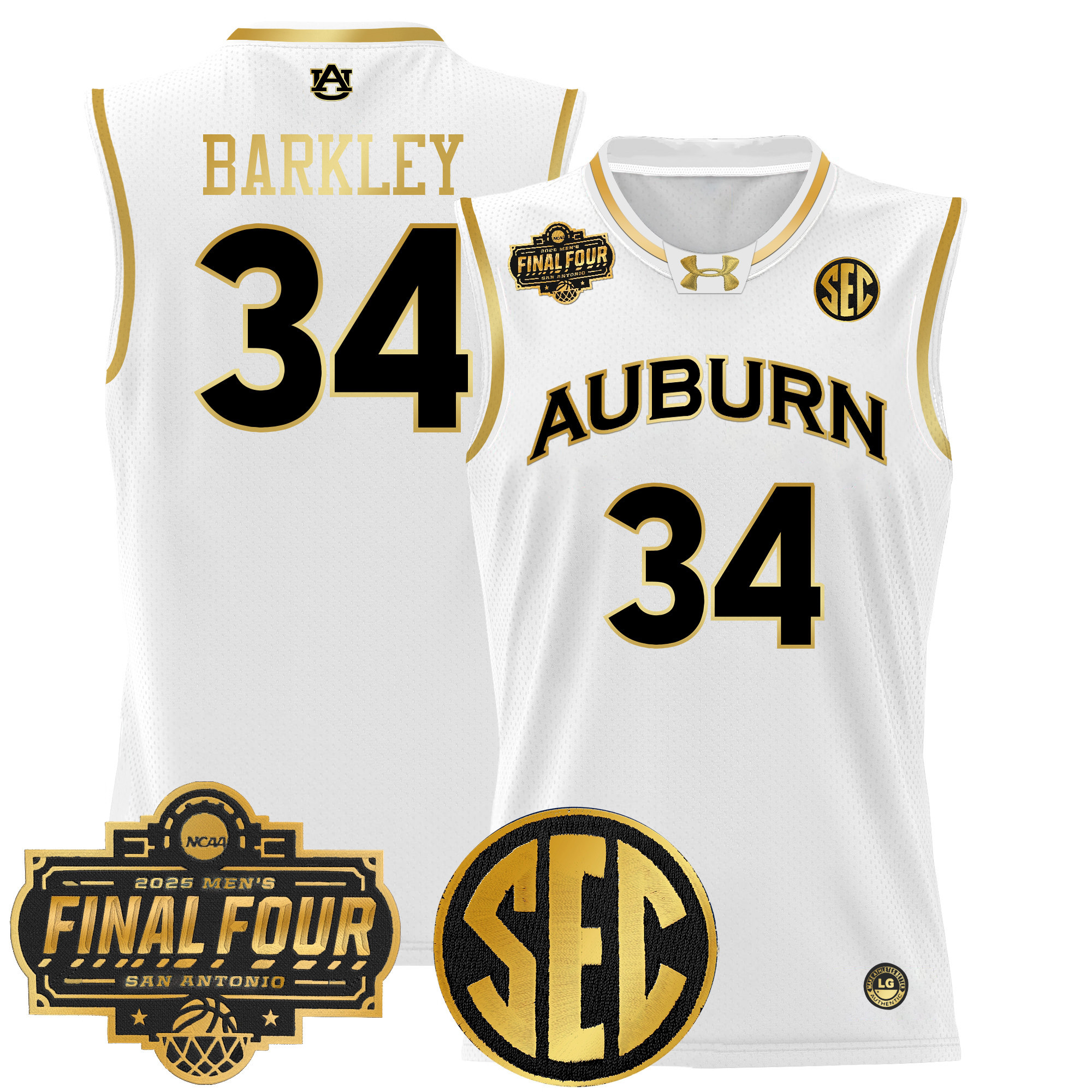 Charles Barkley Men's Auburn Tigers 2025 Final Four Patch Lightweight Basketball White Gold Jersey - All Stitched