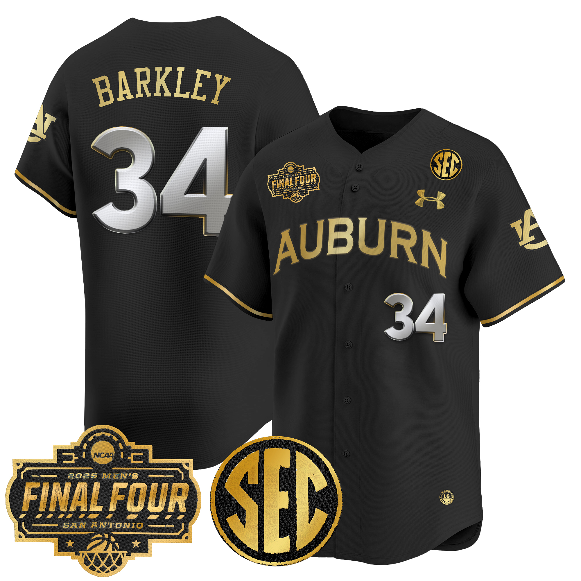 Charles Barkley Men's Auburn Tigers 2025 Final Four Patch Vapor Baseball Black Gold Jersey - All Stitched