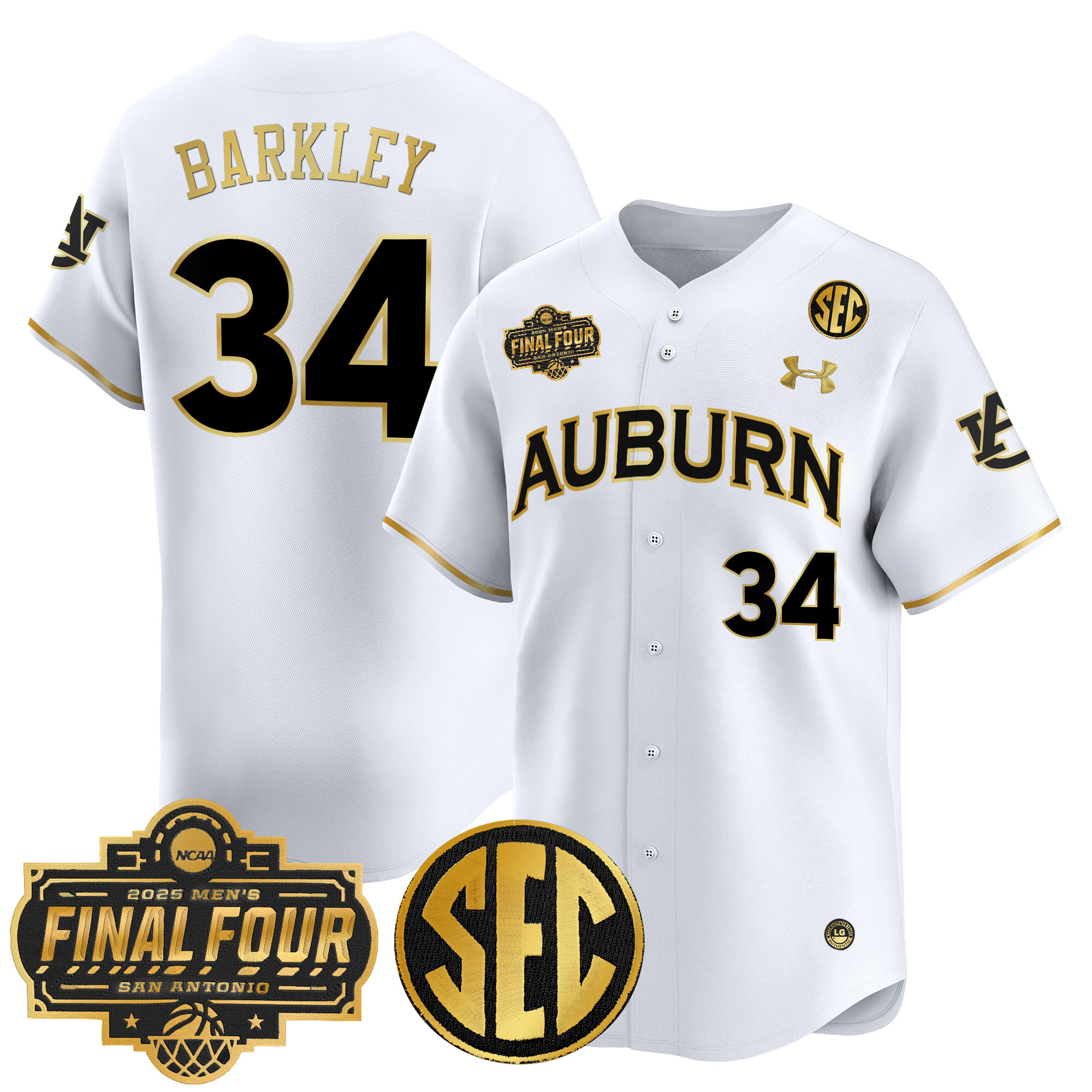 Charles Barkley Men's Auburn Tigers 2025 Final Four Patch Vapor Baseball White Gold Jersey - All Stitched