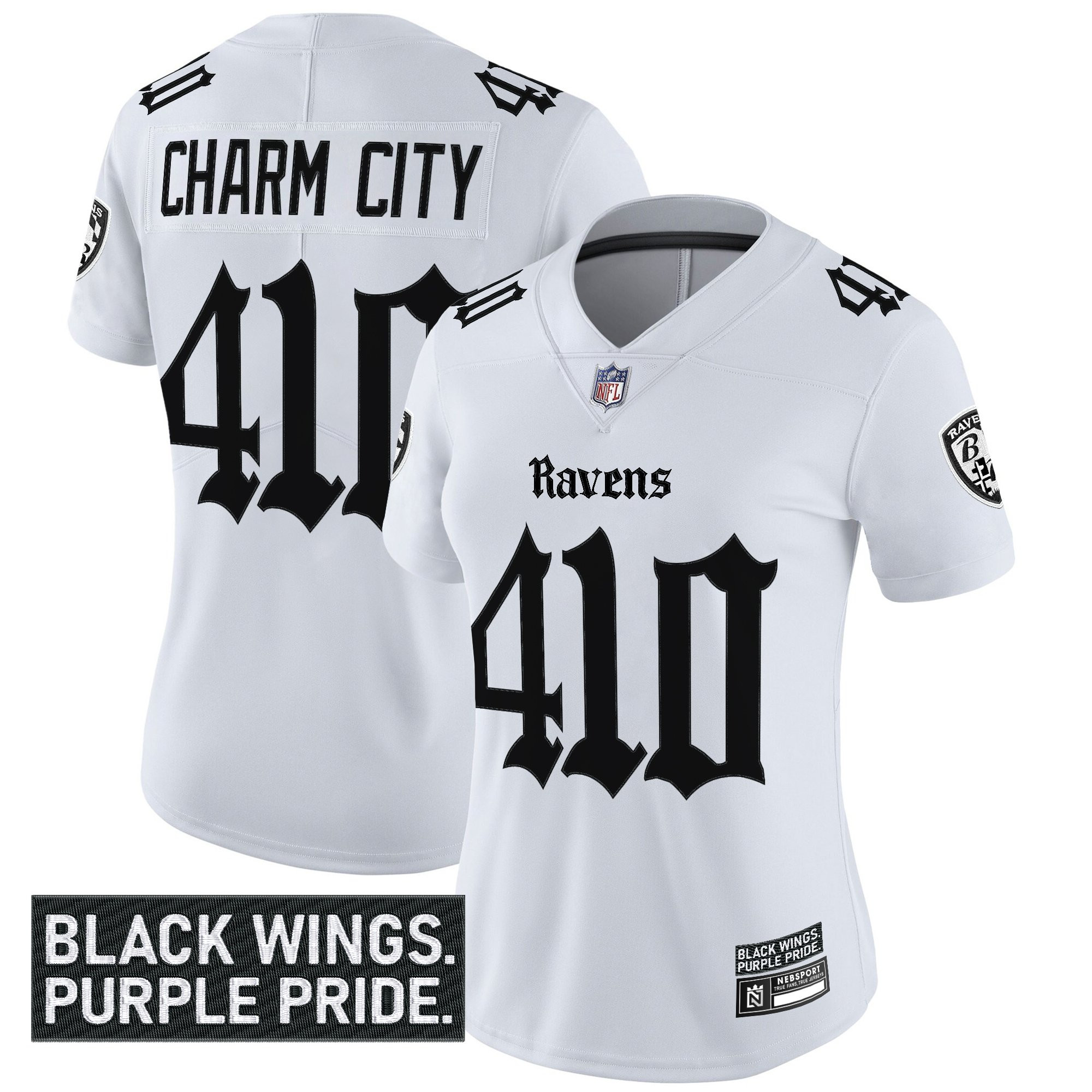 Charm City 410 Women's Baltimore Ravens Gothic Nevermore Edition Vapor Limited White Jersey - All Stitched