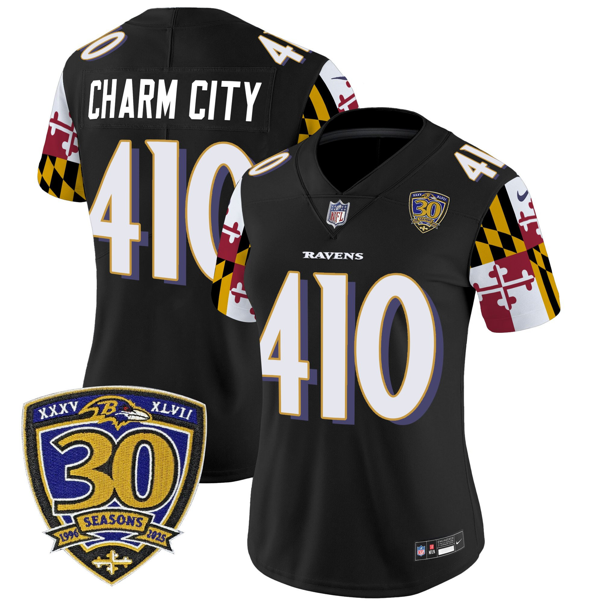 Charm City 410 Women's Baltimore Ravens Maryland Flag Edition Vapor Limited Black Jersey - 30th Anniversary Patch - All Stitched