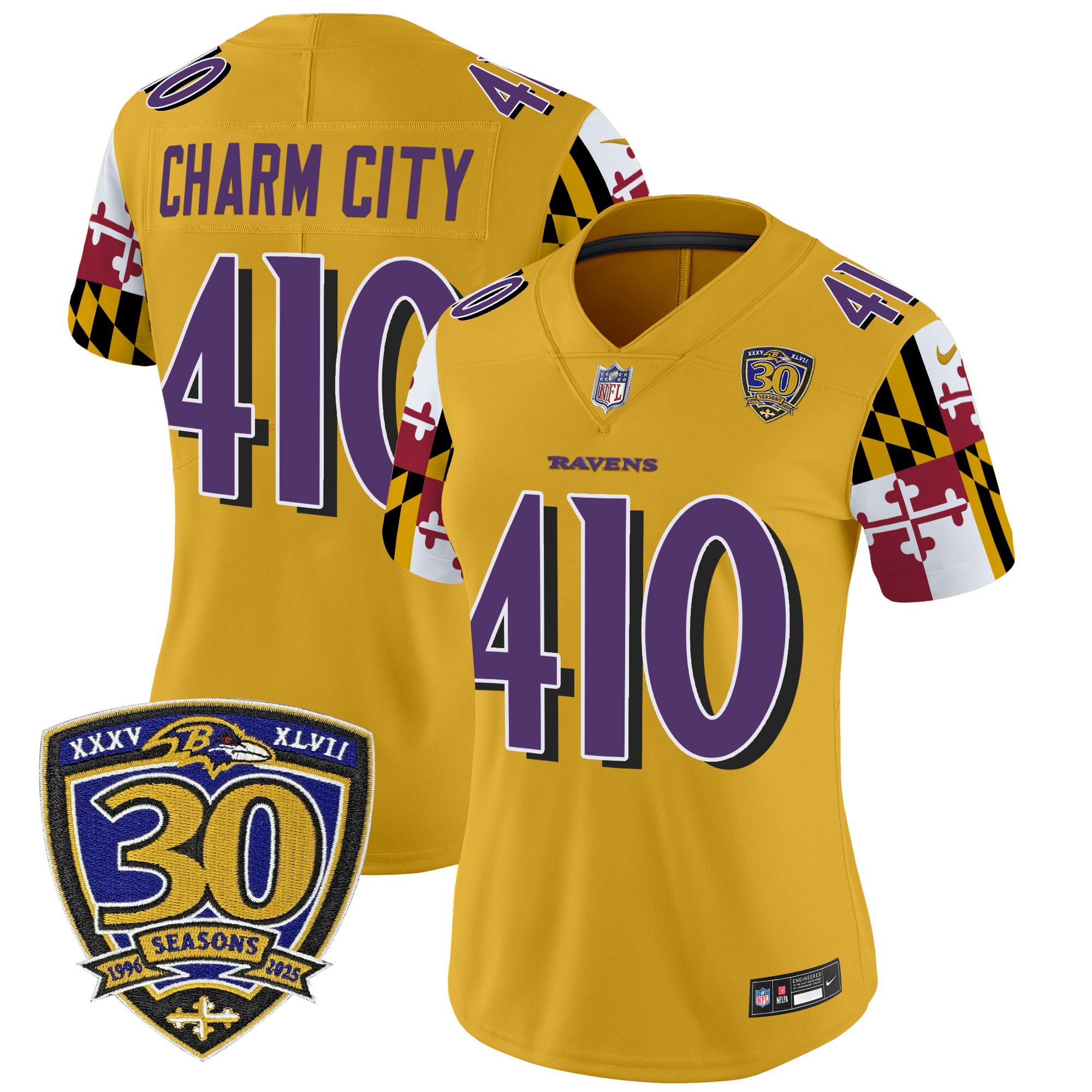 Charm City 410 Women's Baltimore Ravens Maryland Flag Edition Vapor Limited Gold Jersey - 30th Anniversary Patch - All Stitched
