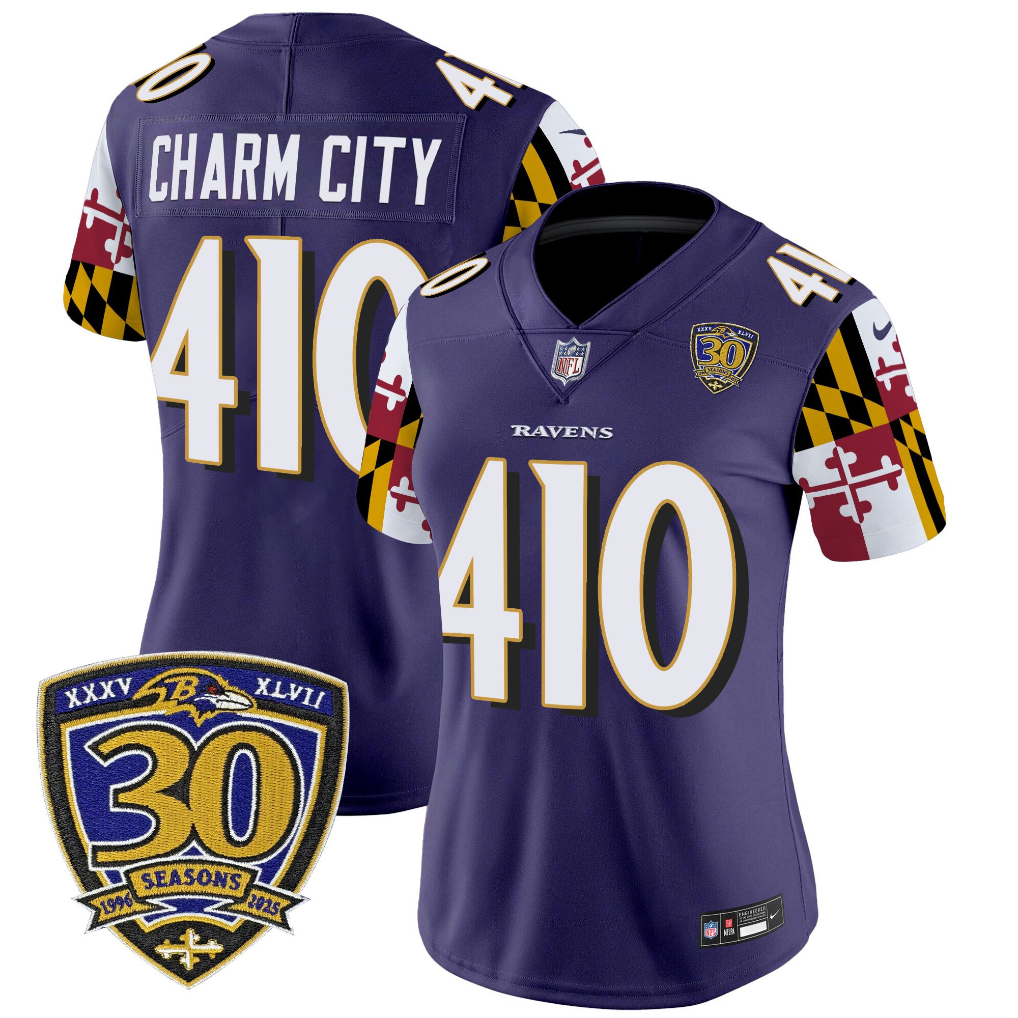 Charm City 410 Women's Baltimore Ravens Maryland Flag Edition Vapor Limited Purple Jersey - 30th Anniversary Patch - All Stitched