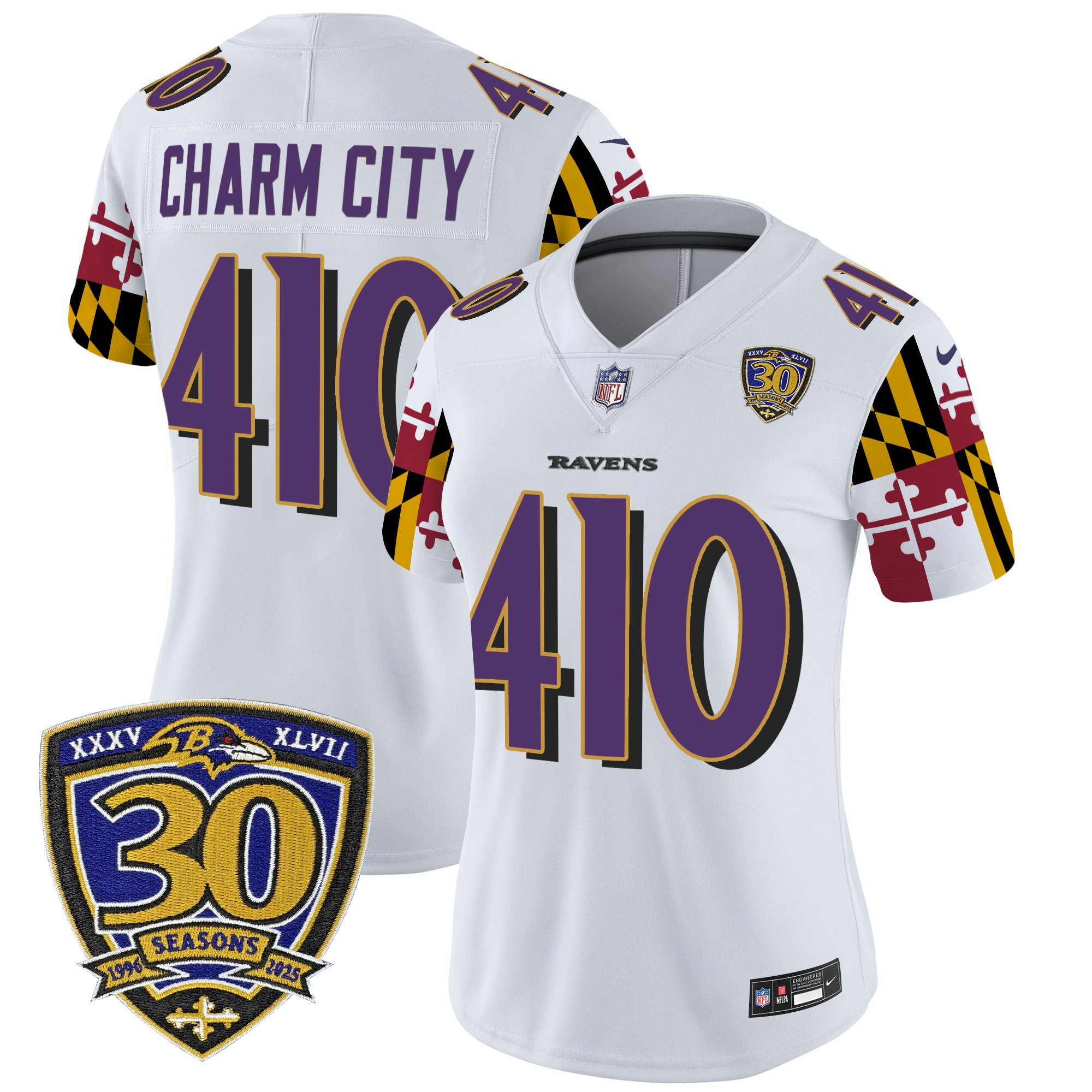 Charm City 410 Women's Baltimore Ravens Maryland Flag Edition Vapor Limited White Jersey - 30th Anniversary Patch - All Stitched