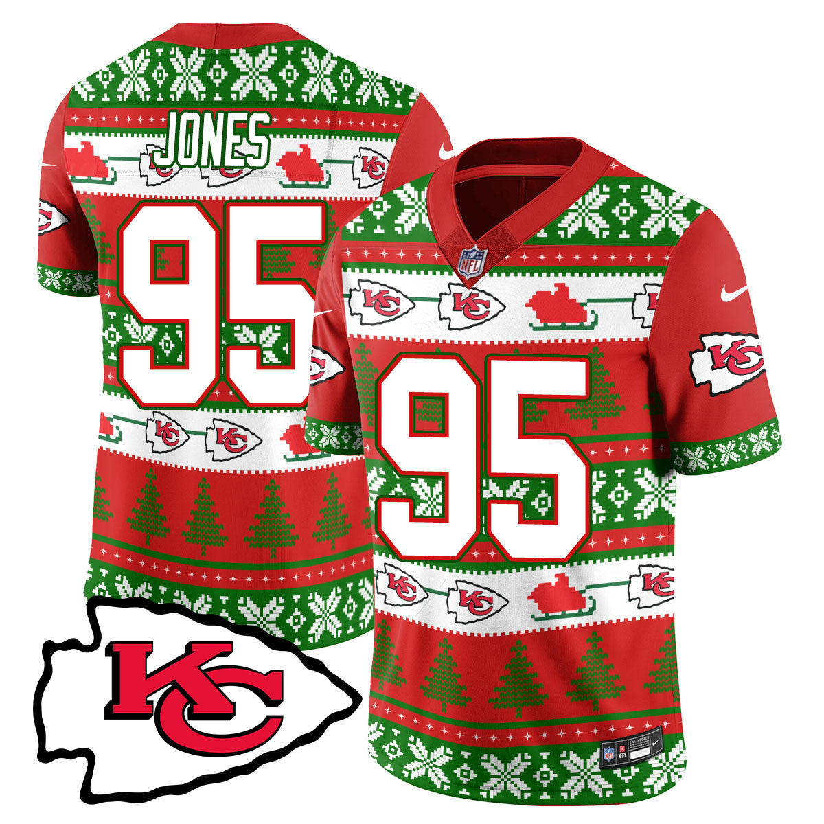 Chris Jones Men's Kansas City Chiefs 2024 Christmas Vapor Limited Red Green Jersey - Printed