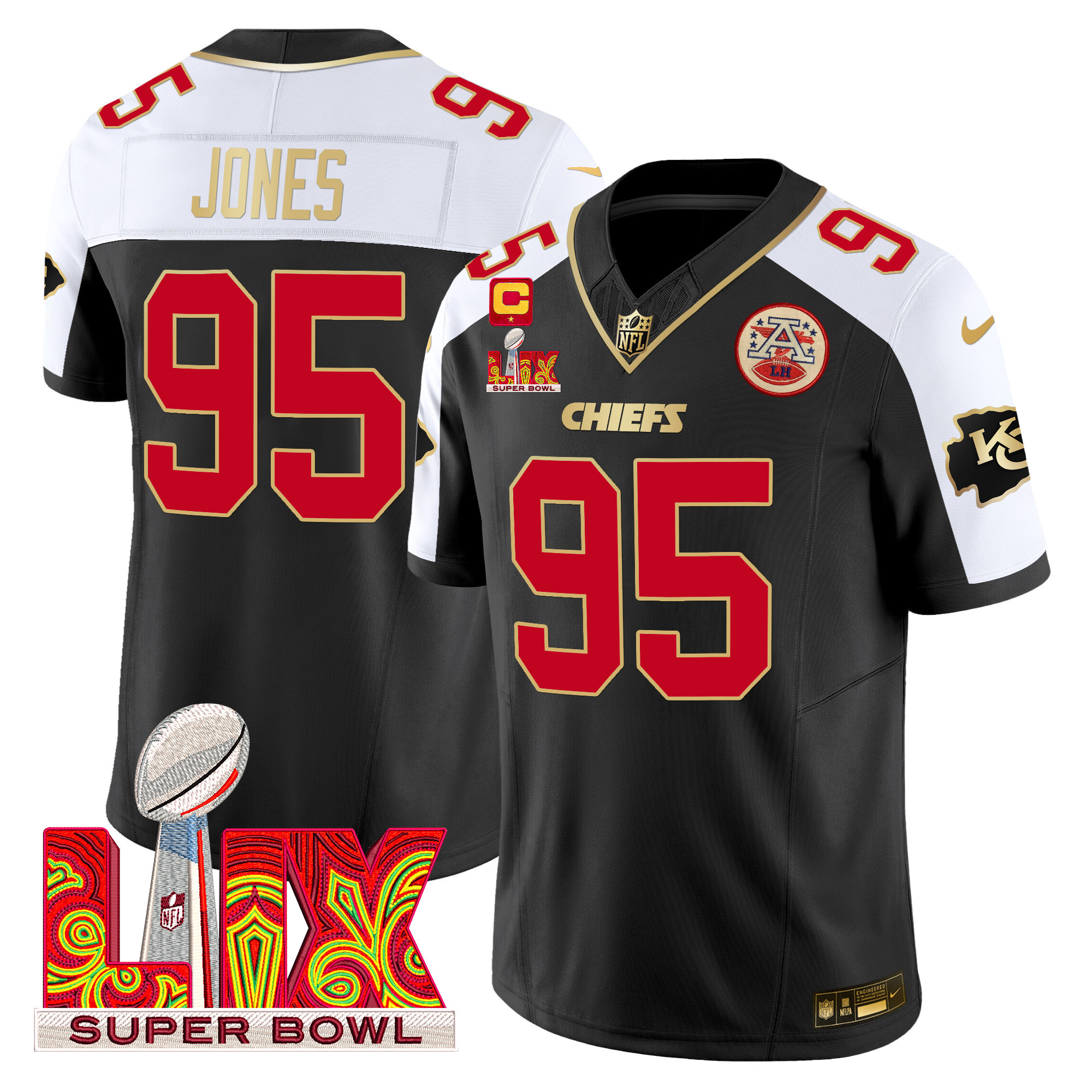 Chris Jones Men's Kansas City Chiefs Super Bowl LIX Patch Gold Trim Vapor Limited Black Alternate Jersey - All Stitched