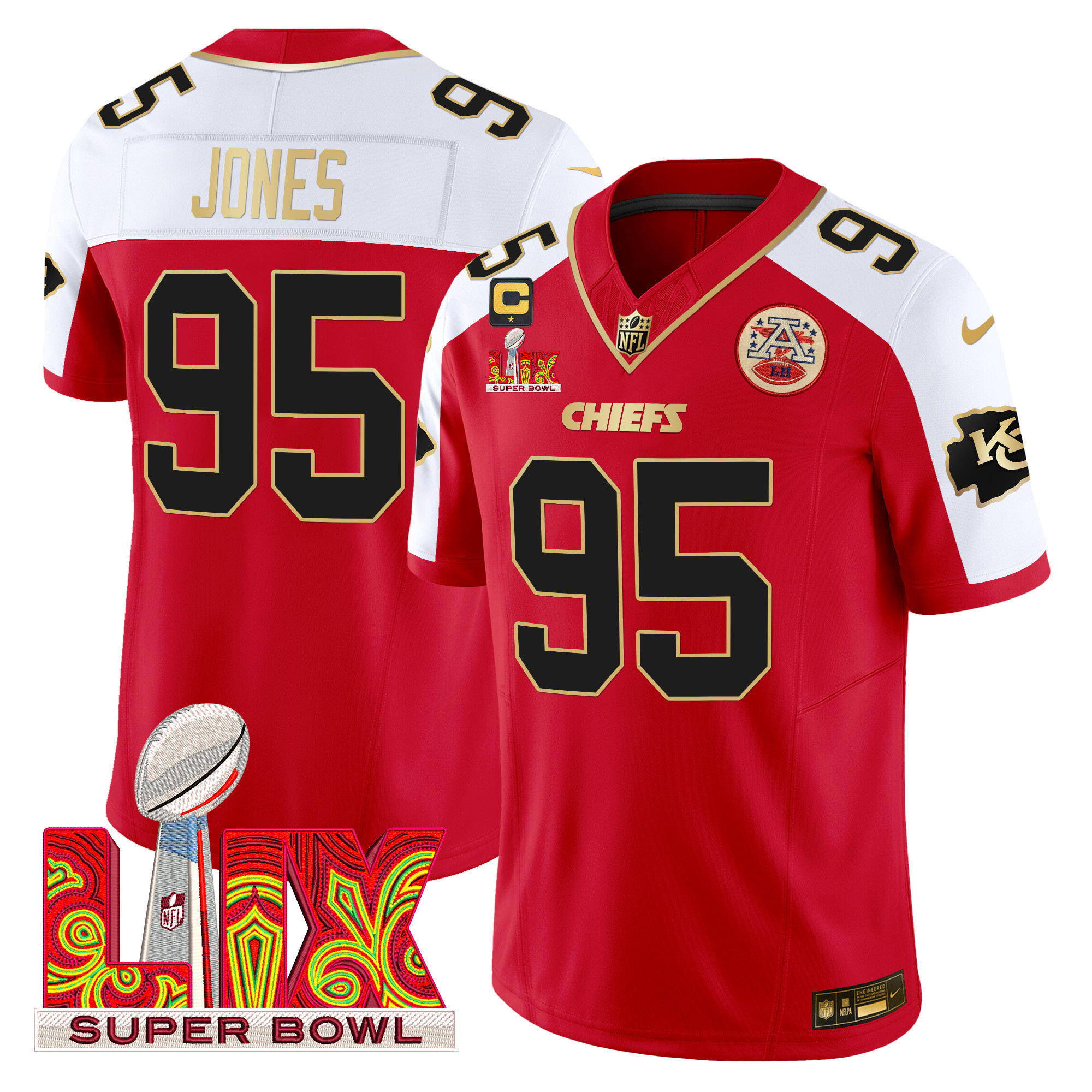 Chris Jones Men's Kansas City Chiefs Super Bowl LIX Patch Gold Trim Vapor Limited Red Alternate Jersey - All Stitched