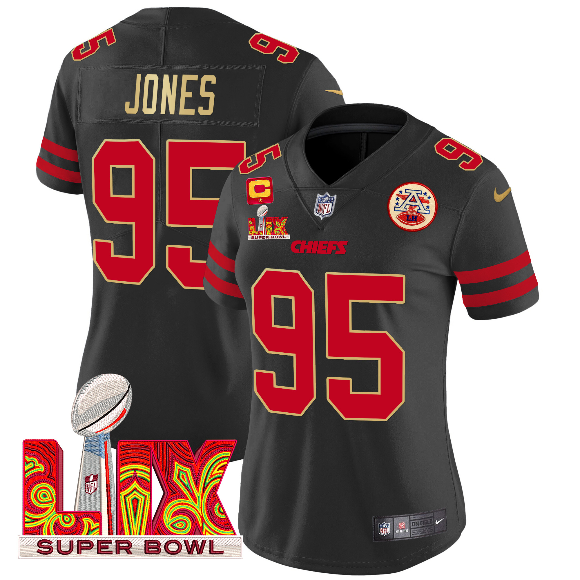 Chris Jones Women's Kansas City Chiefs Super Bowl LIX Patch Gold Trim Vapor Limited Black Jersey - All Stitched