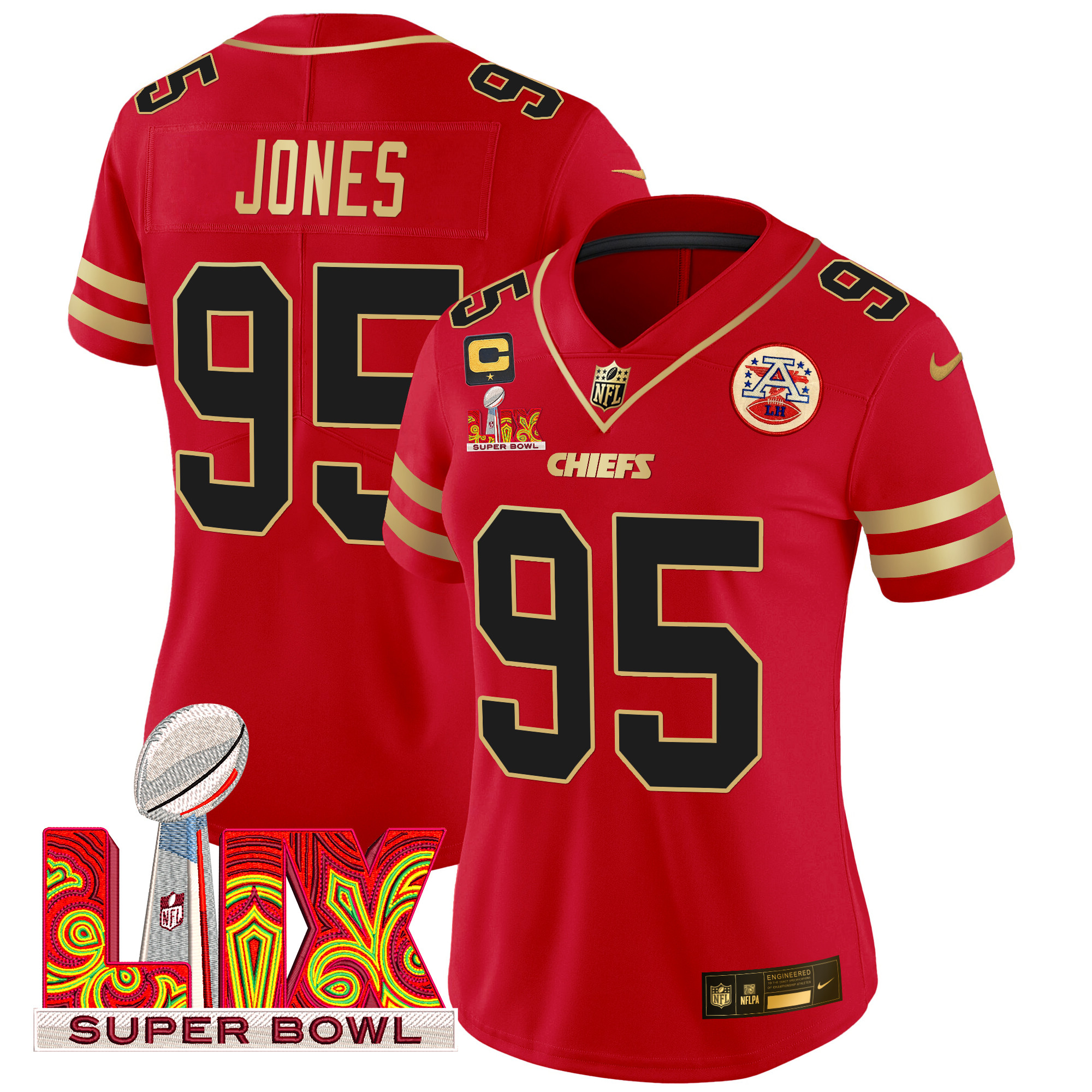 Chris Jones Women's Kansas City Chiefs Super Bowl LIX Patch Gold Trim Vapor Limited Red Jersey - All Stitched