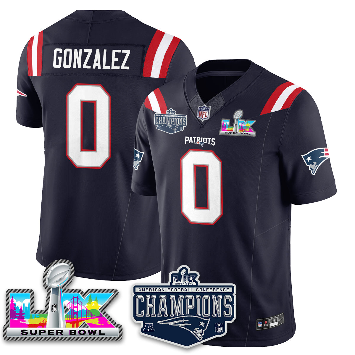 Christian Gonzalez - 0 New England Patriots 2025 AFC Champions Vapor Limited Navy Jersey - All Stitched