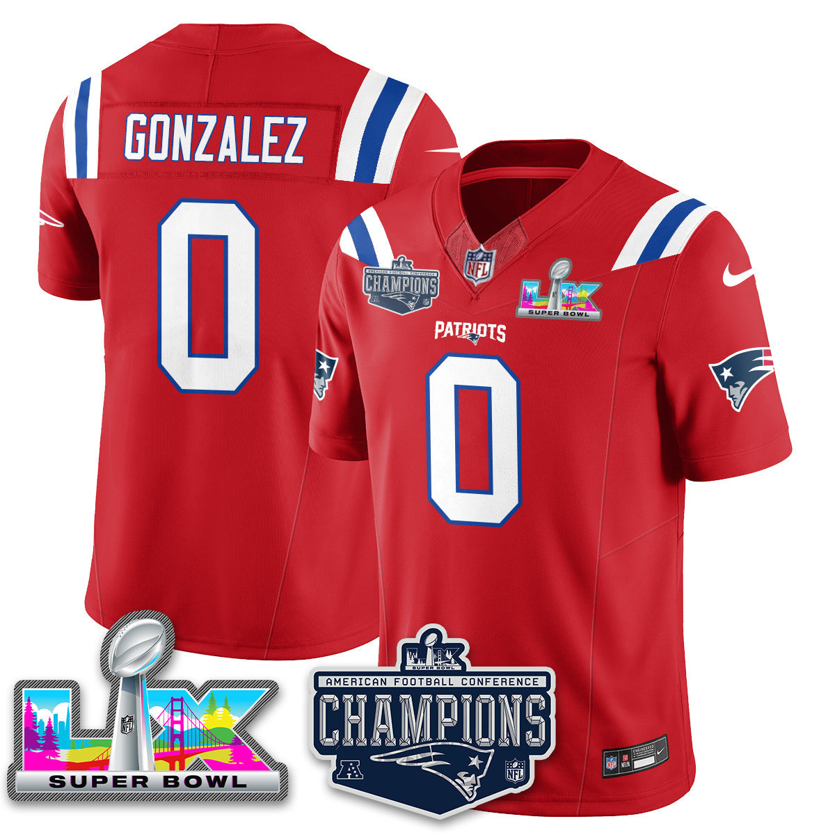 Christian Gonzalez - 0 New England Patriots 2025 AFC Champions Vapor Limited Red Jersey - All Stitched