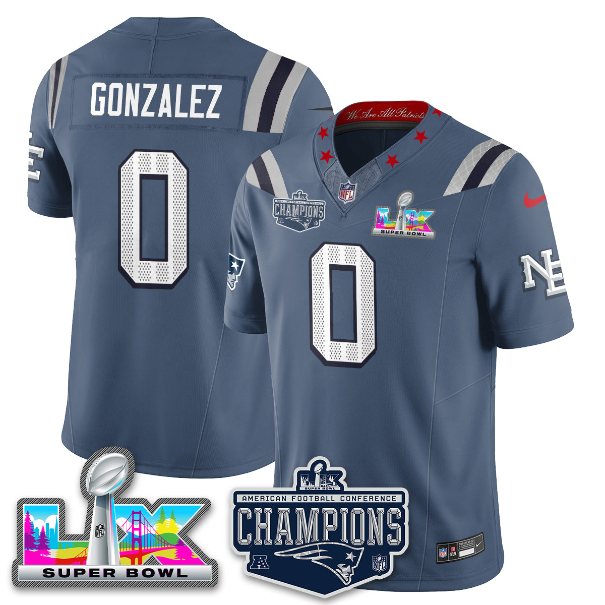 Christian Gonzalez - 0 New England Patriots 2025 AFC Champions Vapor Limited Storm Blue Jersey - All Stitched