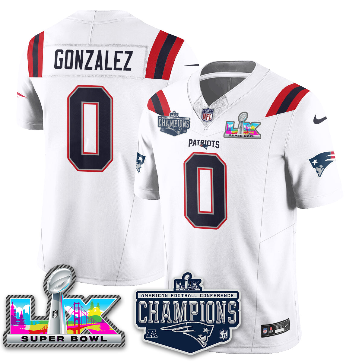 Christian Gonzalez - 0 New England Patriots 2025 AFC Champions Vapor Limited White Jersey - All Stitched