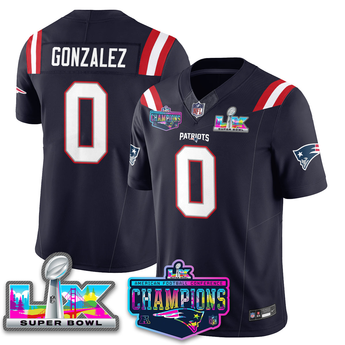 Christian Gonzalez - 0 New England Patriots 2025 Vapor Navy Jersey - AFC Champions Limited Patch - All Stitched