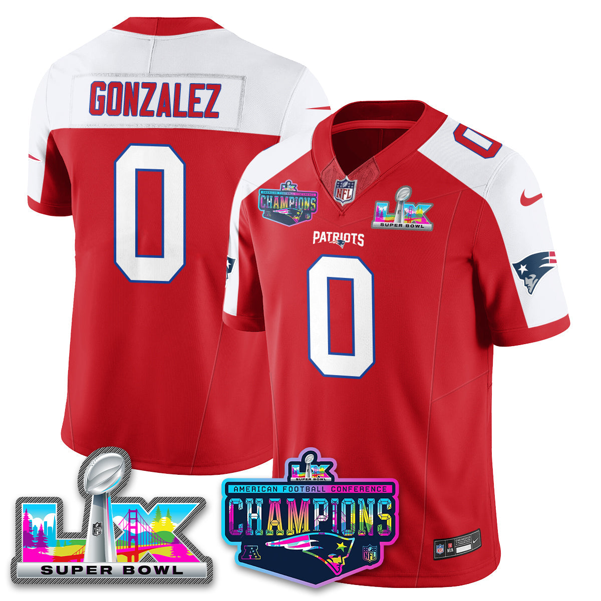 Christian Gonzalez - 0 New England Patriots 2025 Vapor Red Alternate Jersey - AFC Champions Limited Patch - All Stitched