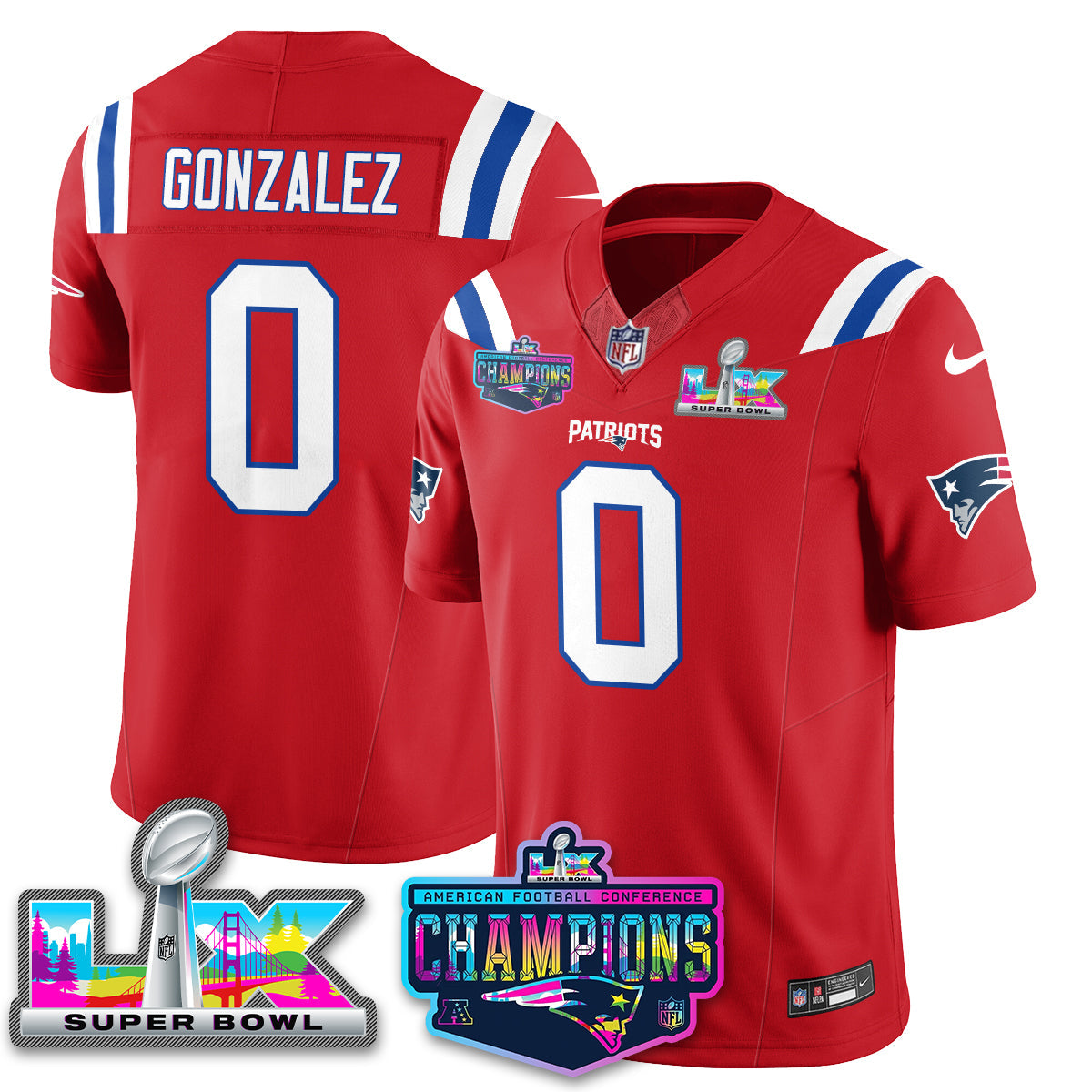 Christian Gonzalez - 0 New England Patriots 2025 Vapor Red Jersey - AFC Champions Limited Patch - All Stitched