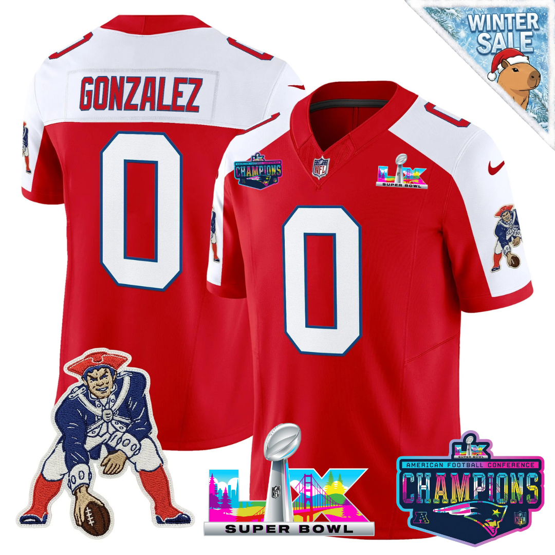 Christian Gonzalez - 0 New England Patriots 2025 Vapor Red Throwback Alternate Jersey - AFC Champions Limited Patch - All Stitched