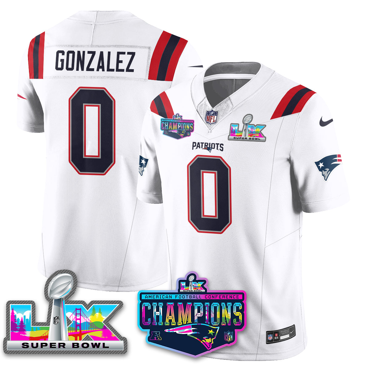 Christian Gonzalez - 0 New England Patriots 2025 Vapor White Jersey - AFC Champions Limited Patch - All Stitched