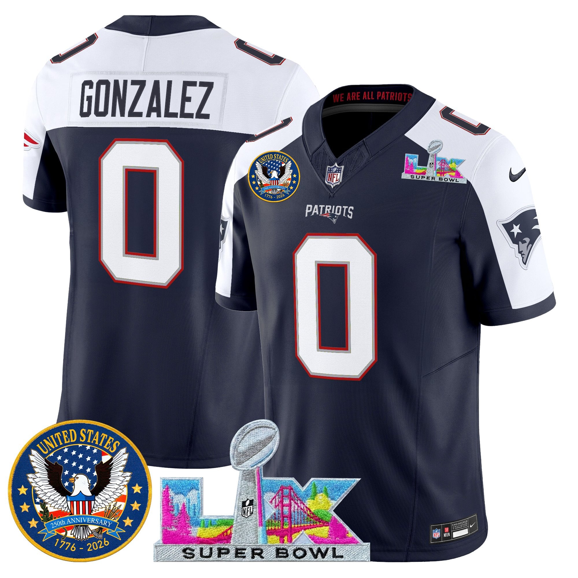 Christian Gonzalez Men's New England Patriots “Super Bowl LX & United States 250th Patch” Vapor Limited Navy Alternate Jersey - All Stitched
