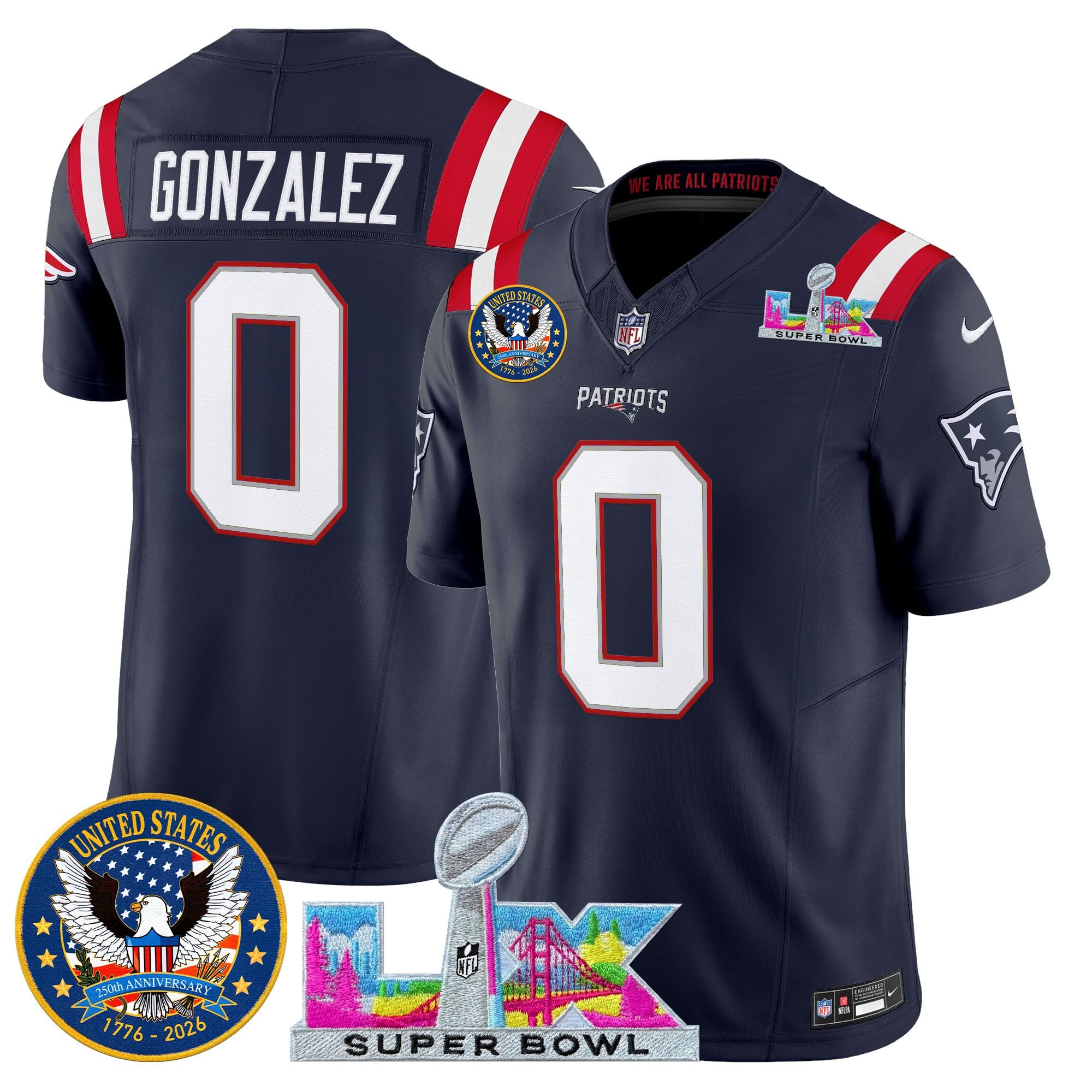 Christian Gonzalez Men's New England Patriots “Super Bowl LX & United States 250th Patch” Vapor Limited Navy Jersey - All Stitched